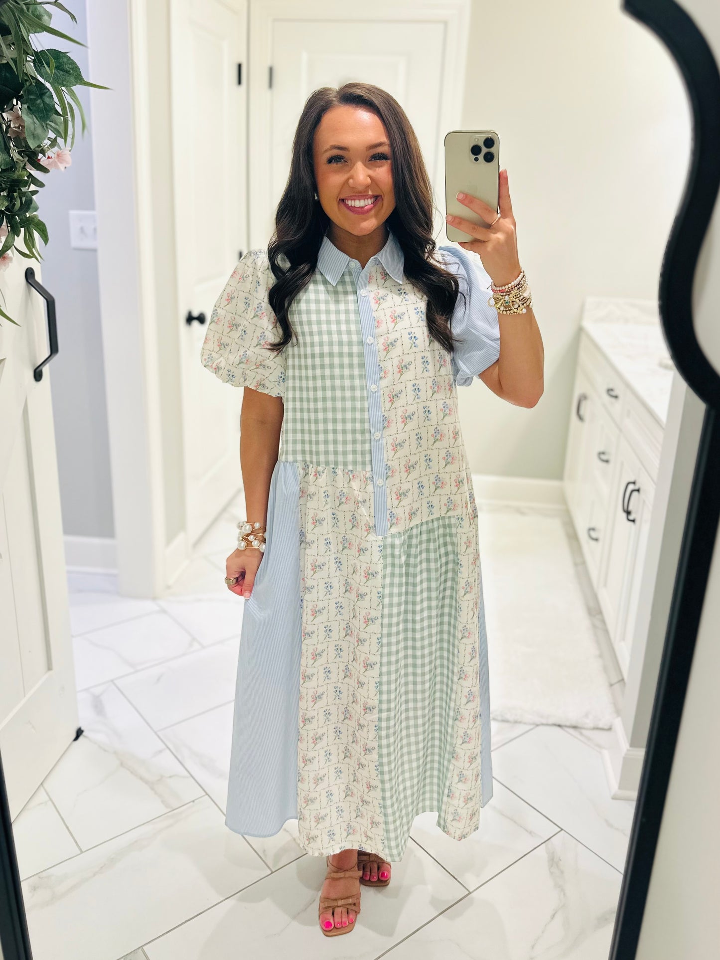 The Mae Blue + Mint Patchwork Midi Dress