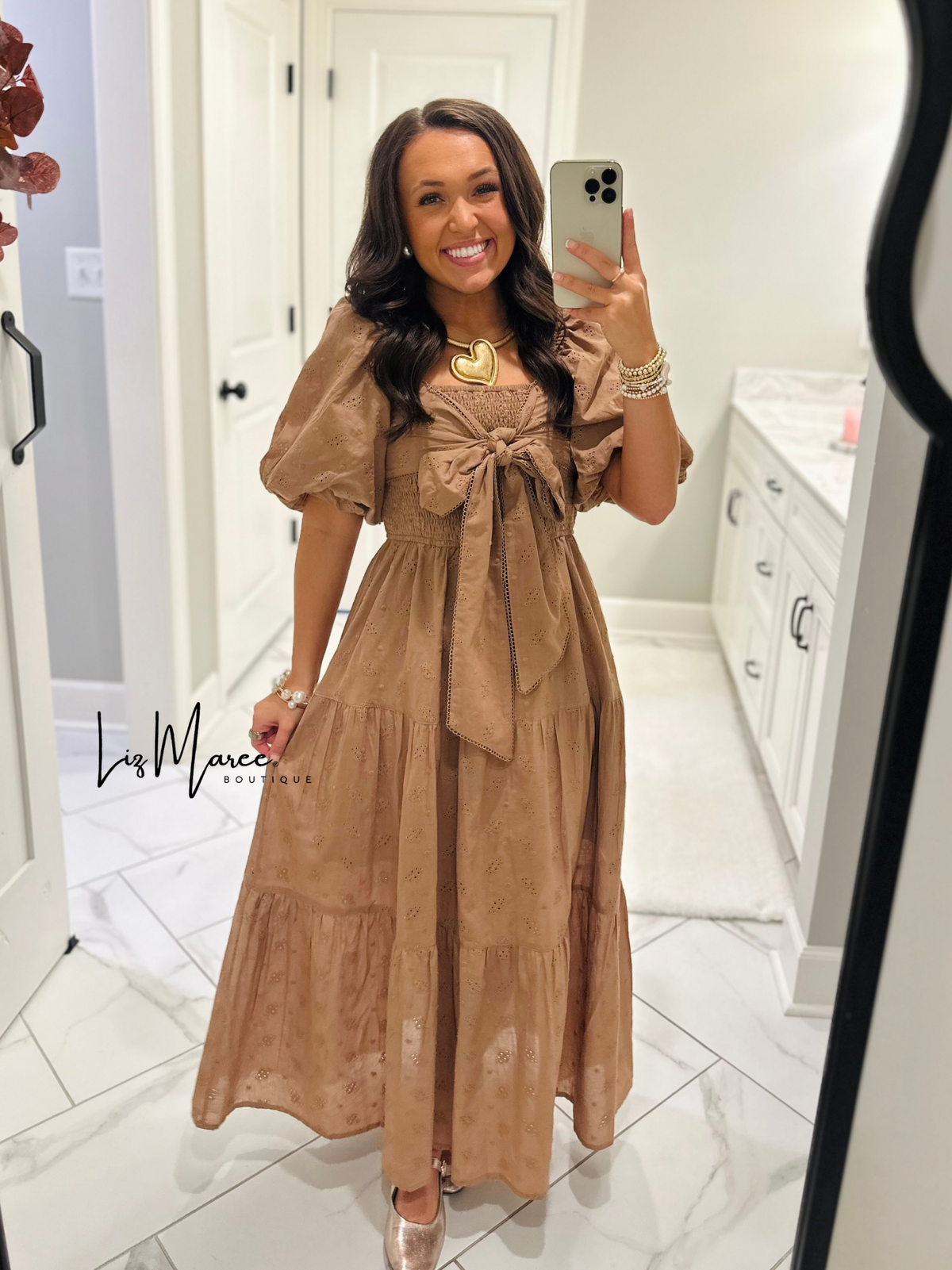 The Isabelle Light Brown Eyelet Bow Midi Dress