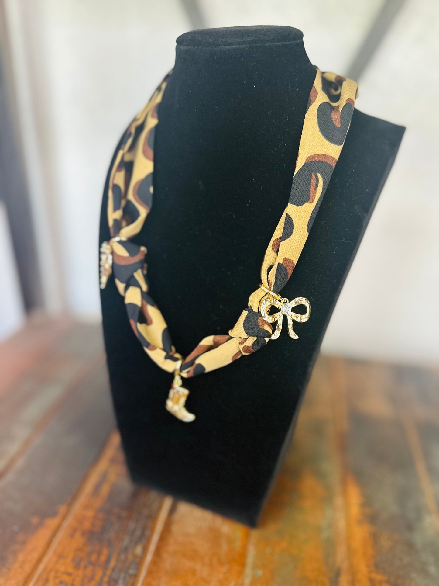 Leopard Silk Scarf + Charm Pendant Necklace