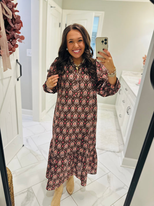 The Lila Maree Brown Floral Maxi Dress