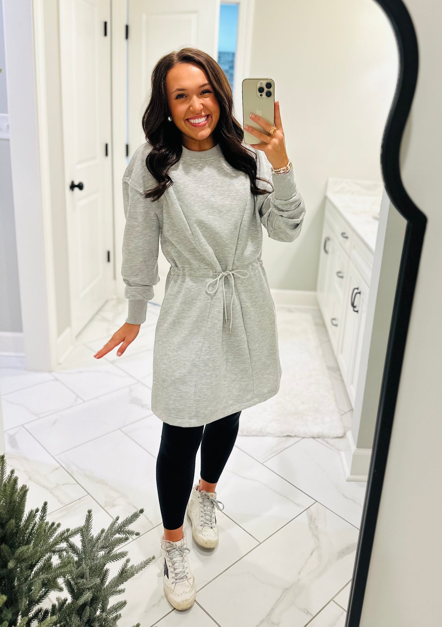 The Heather Grey Jersey Knit Longsleeve Drawstring Dress