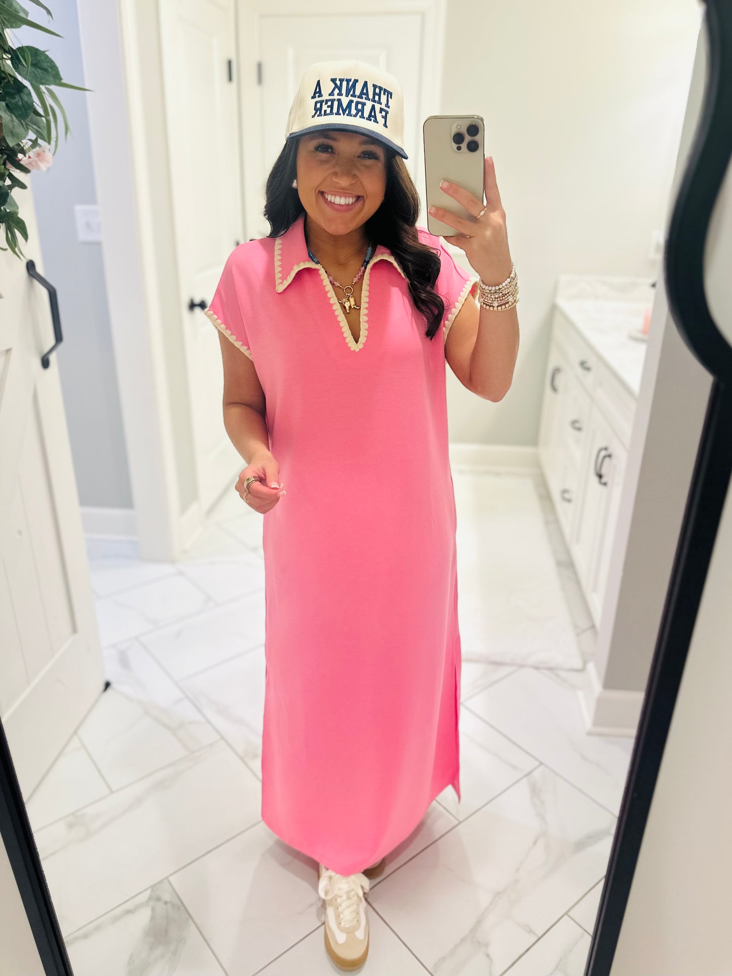 The Sarah Pink Collared Stitch Midi Dress