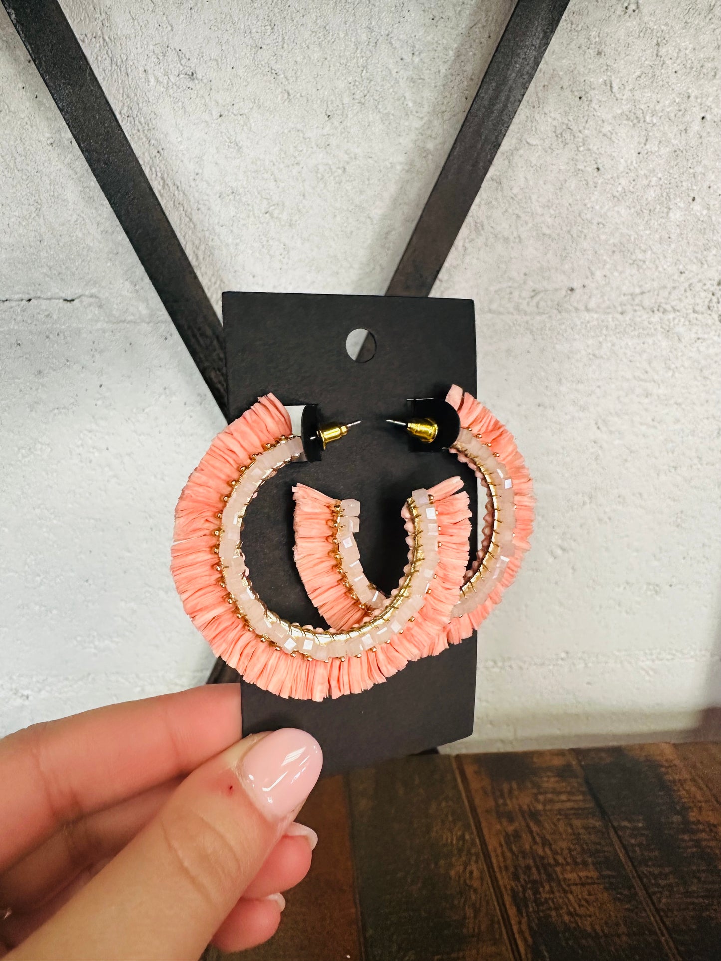 Coral Beaded Raffia Hoop Earrings