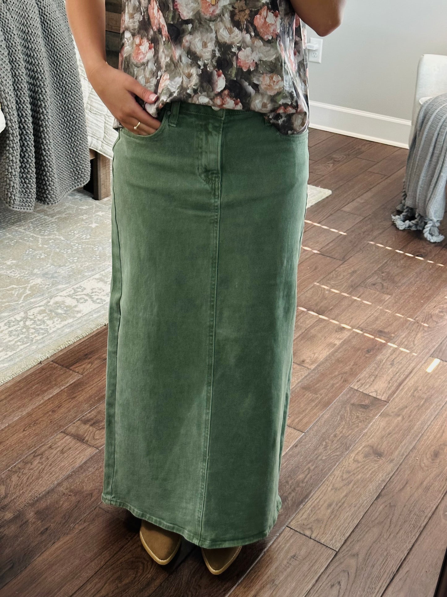 The Olive High Rise Back Slit Long Denim Skirt