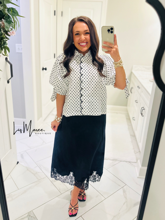 The Dallas Black Satin Lace Midi Skirt