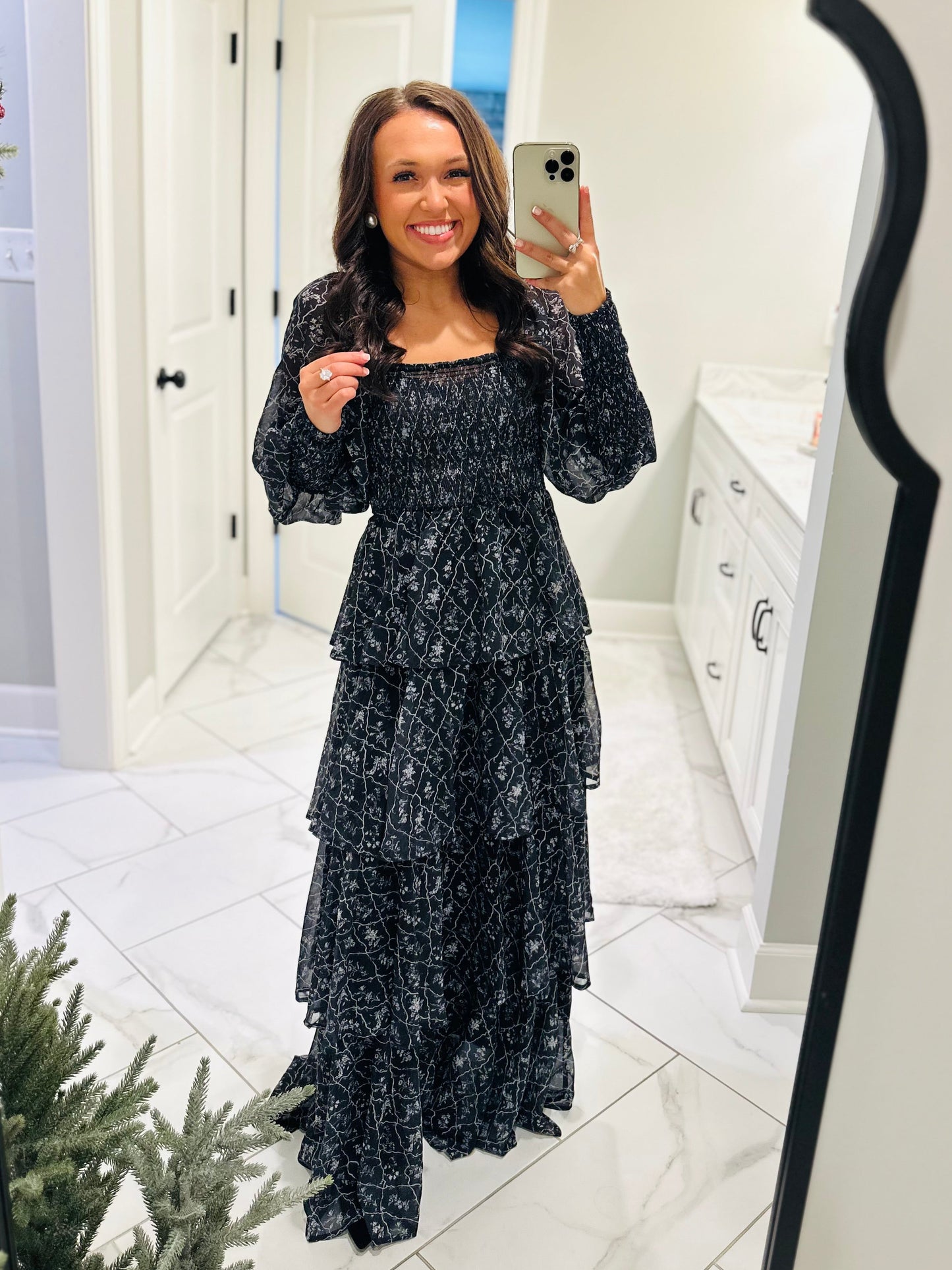 The Mae Black Ruffle Tiered Long Sleeve Maxi Dress