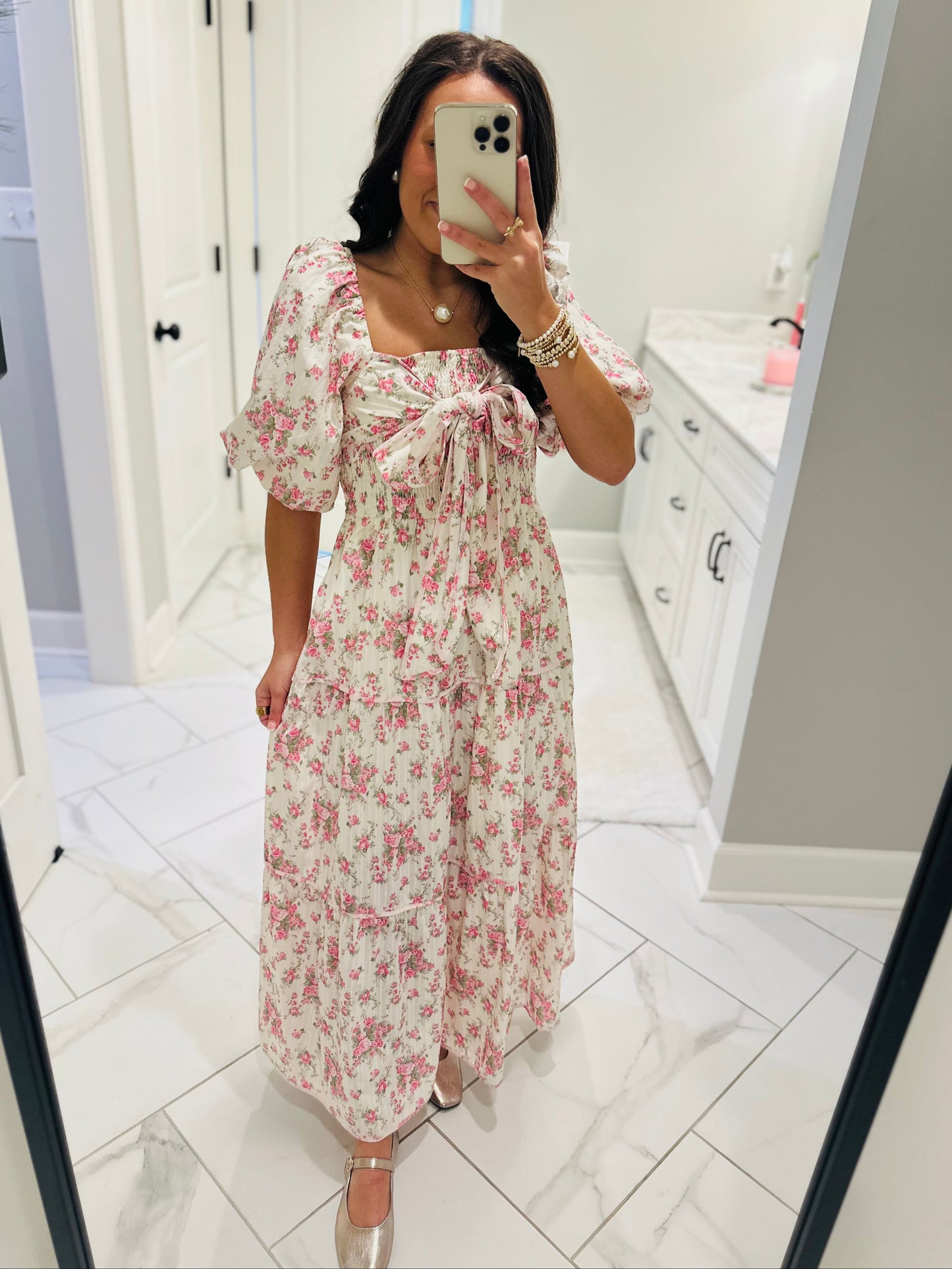 The Lola Floral Tiered Bow Front Midi Dress