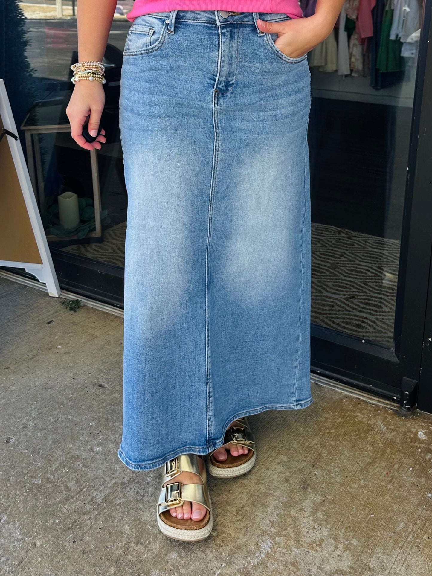 The Medium Wash High Rise Back Slit Long Denim Skirt