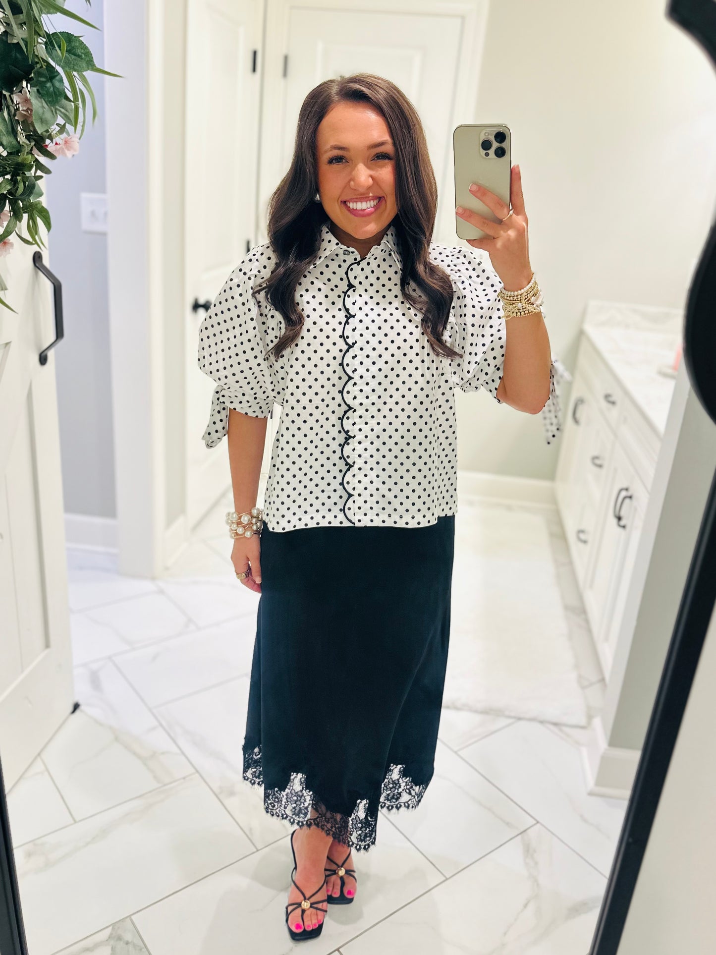 The Dallas Black Satin Lace Midi Skirt