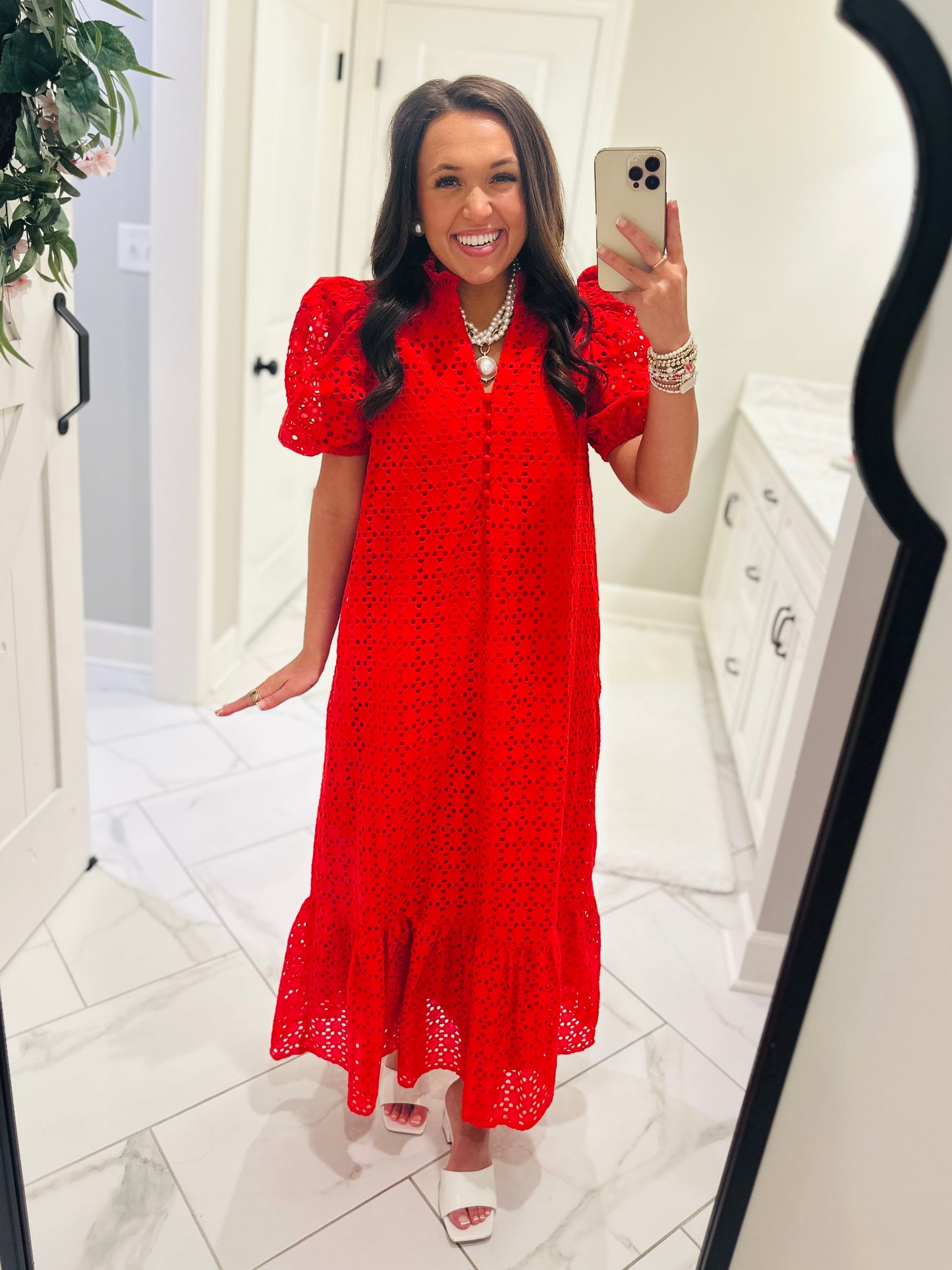 The Liz Red Eyelet Midi Dress