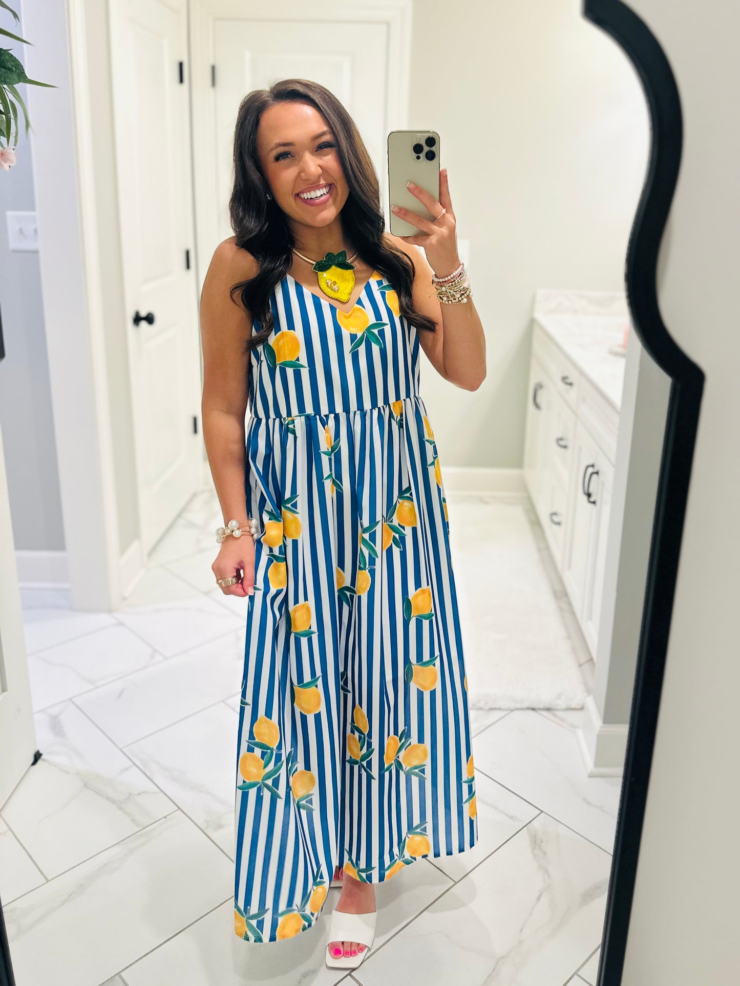 The Cass Blue Striped Lemon Midi Dress