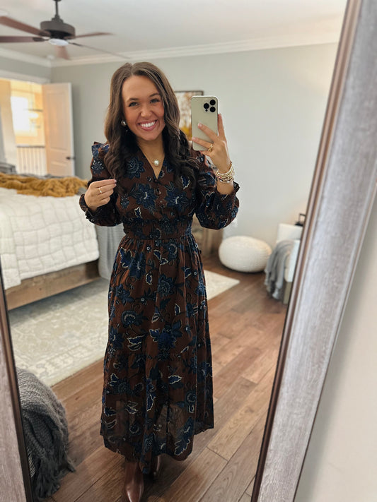 The Marlina Brown + Blue Floral Midi Dress