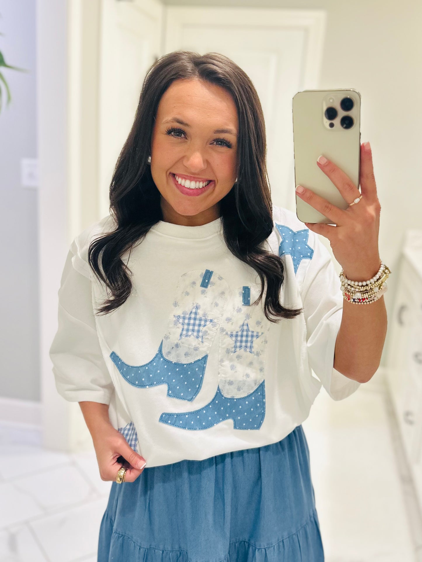 The Blaire Blue Cowboy Boot Star Patchwork Tee