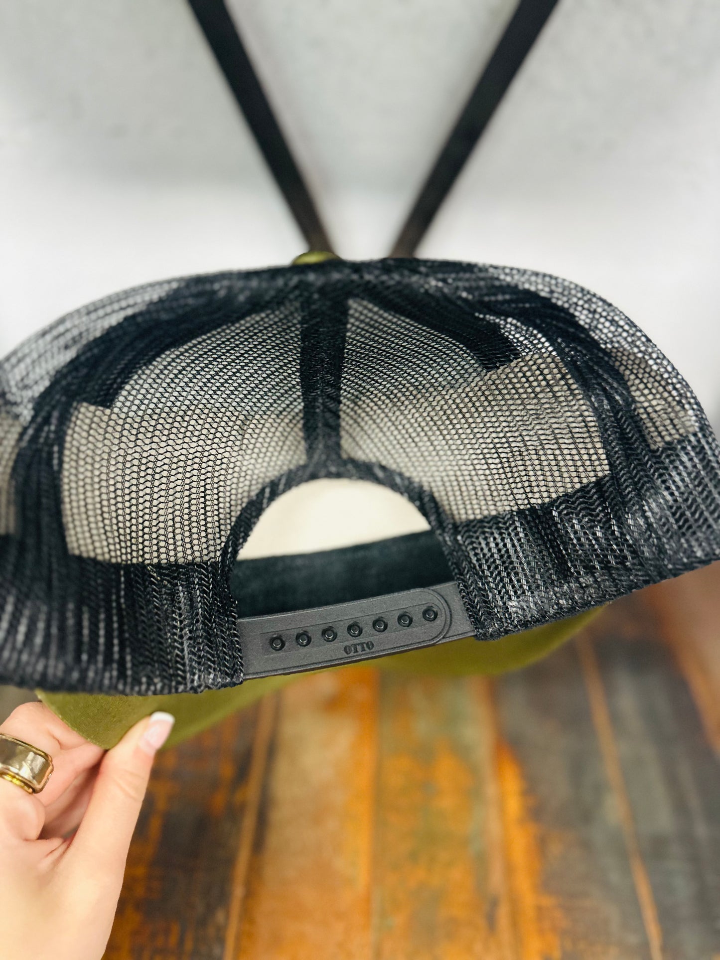 Olive Green Feather + Turquoise Stone Trucker Hat