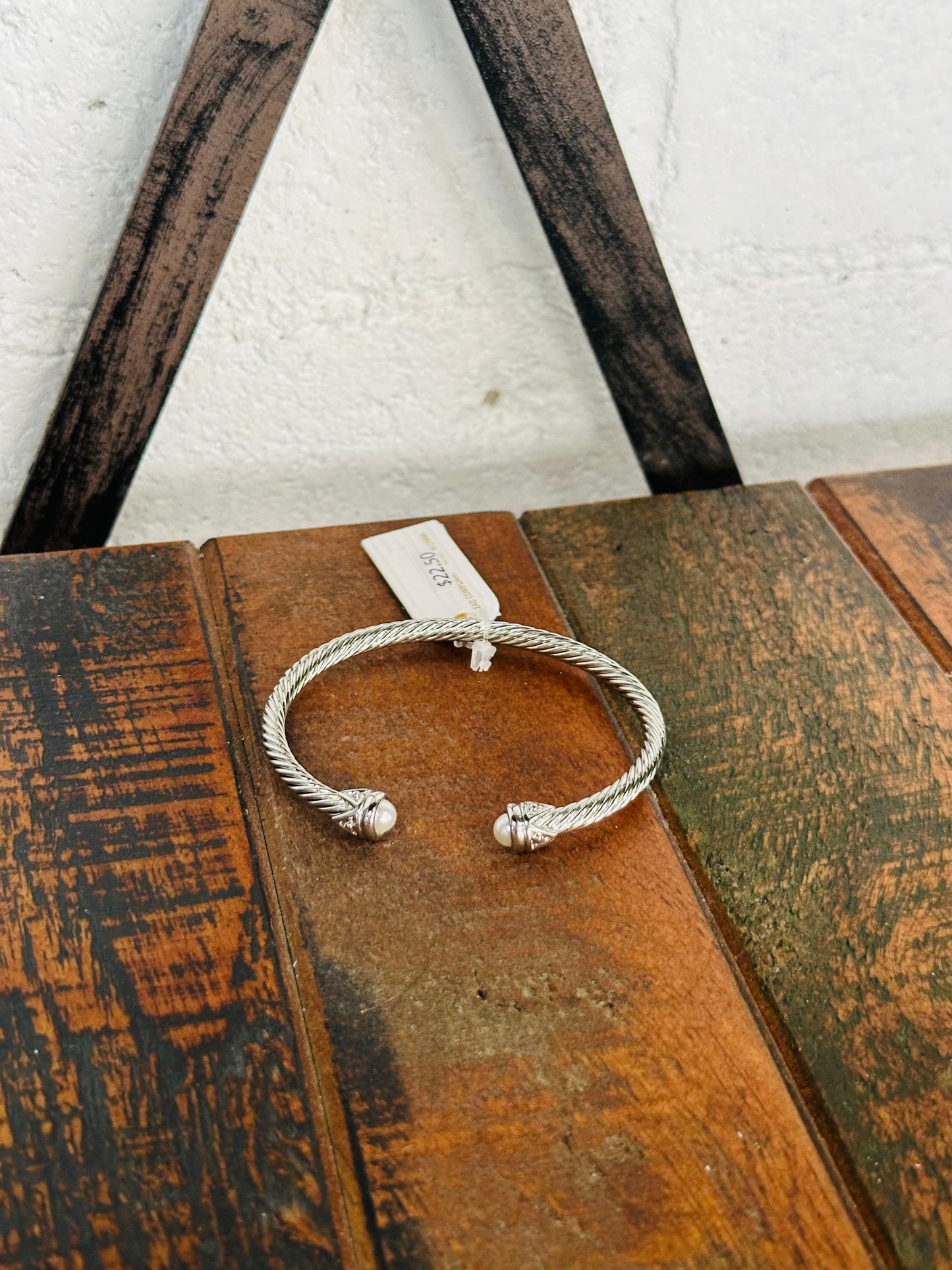 Silver Pearl End Cable Cuff Bracelet