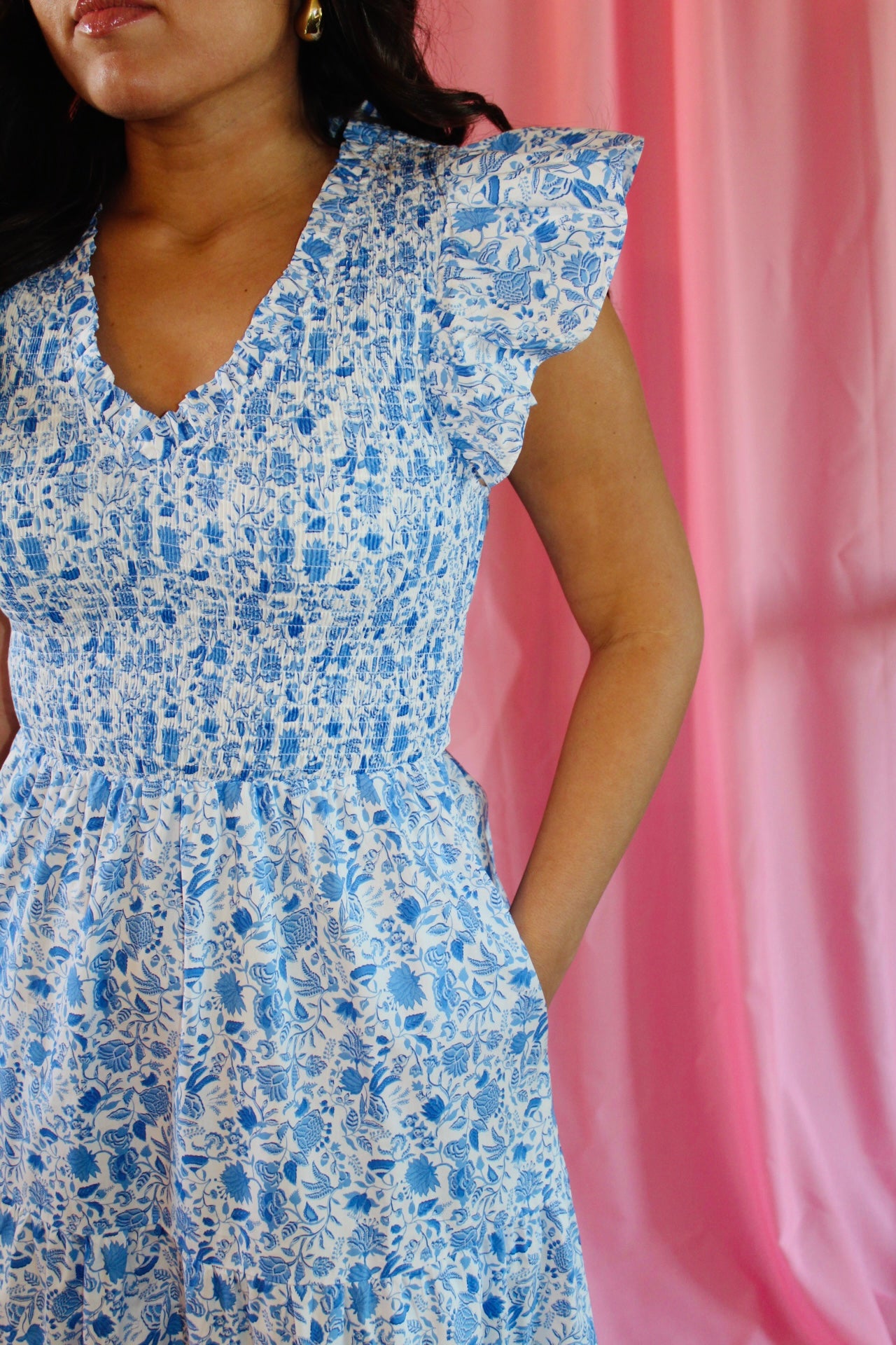 The Caroline Blue Floral Smocked Midi Dress