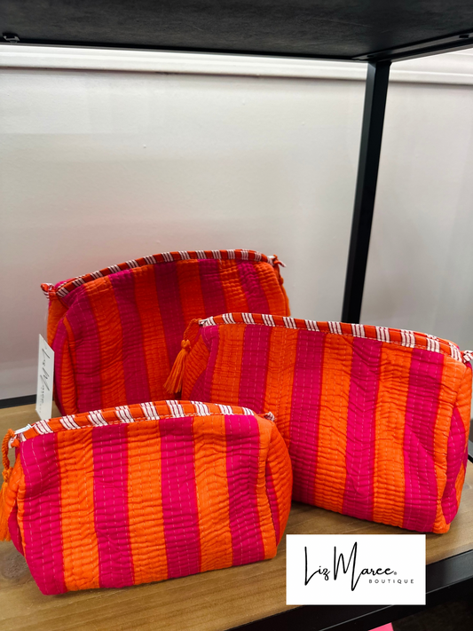 The Pink + Orange Striped Quilted Cosmetic Bags - Set of 3