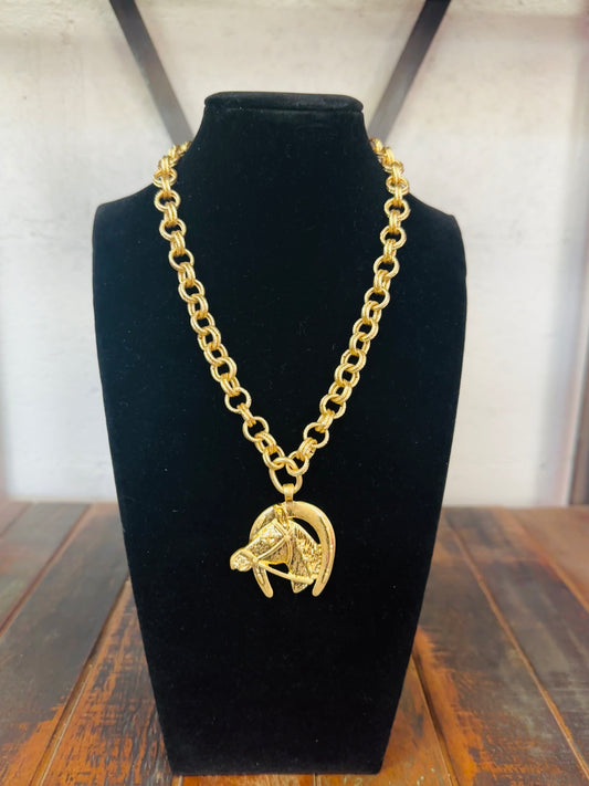 Gold Horseshoe Horse Pendant Statement Necklace