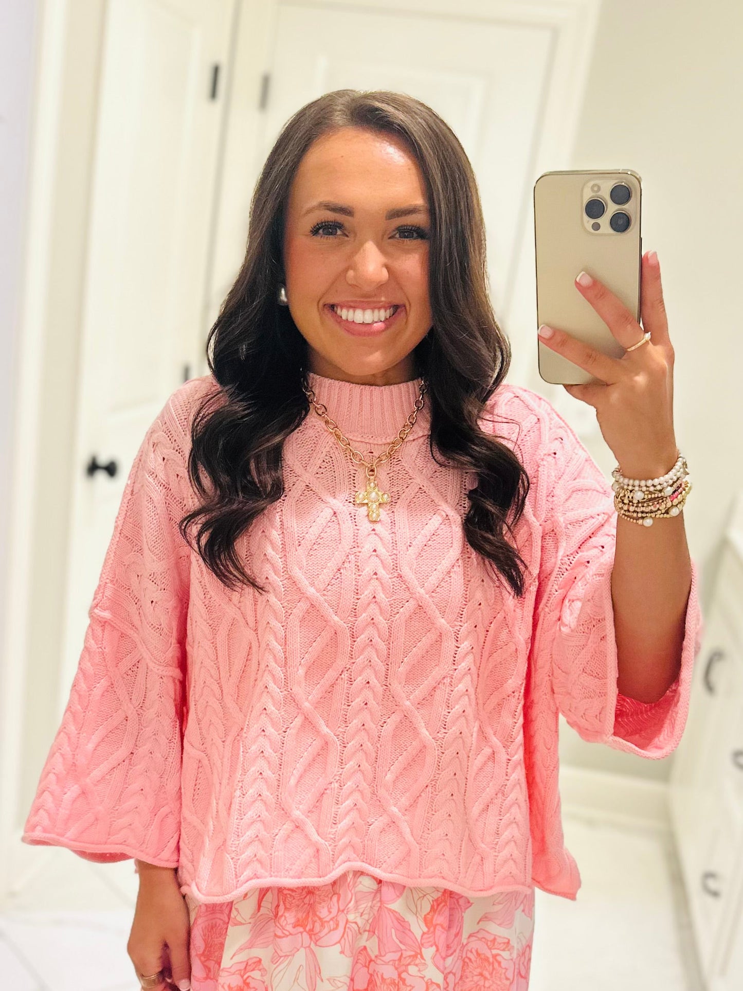 The Eliza Pink Chunky Ribbed Knit Cable Sweater