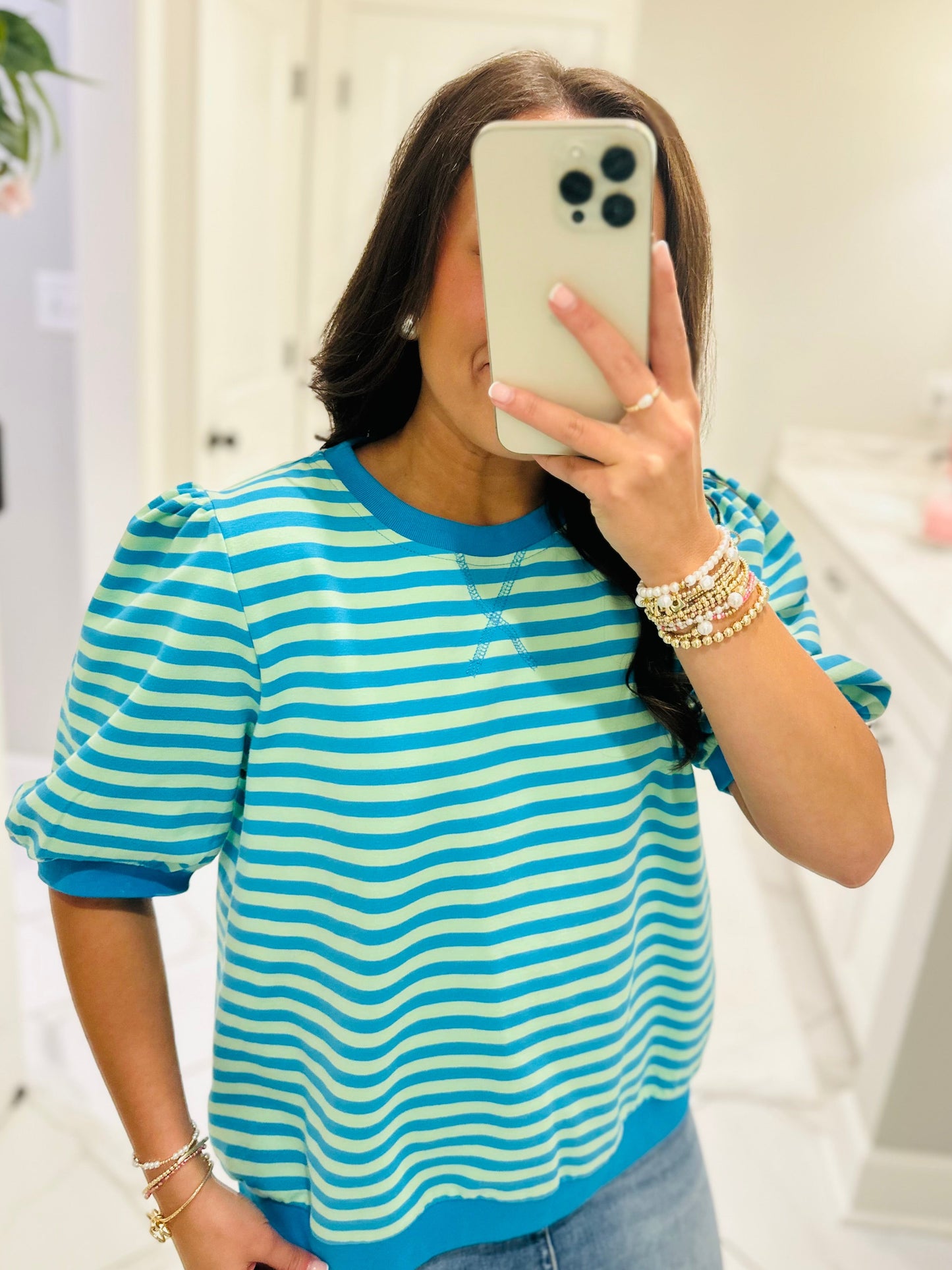 The Summer Blue + Lime Green Striped Puff Sleeve Top