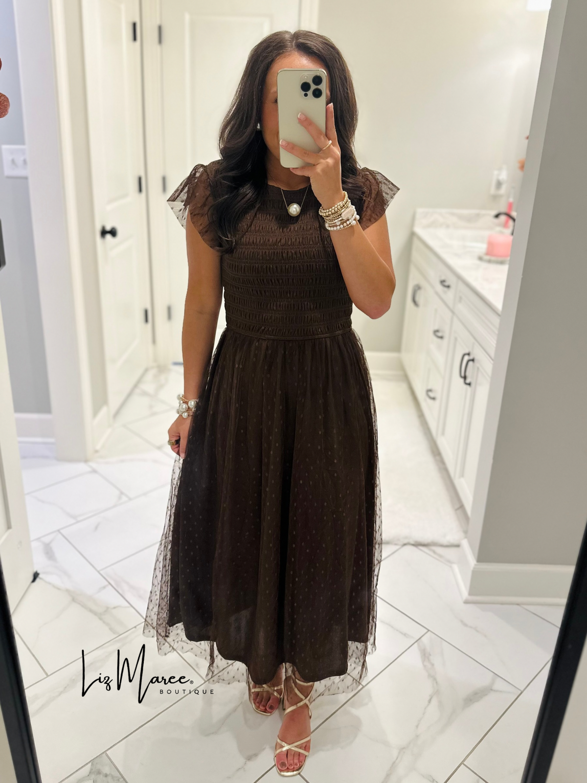 The Autumn Brown Polka Dot Chiffon Midi Dress