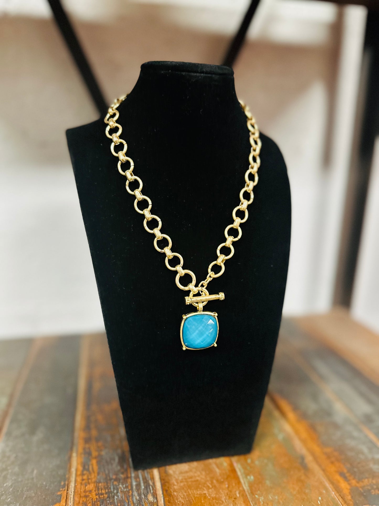 Teal Square Stone Pendant Necklace