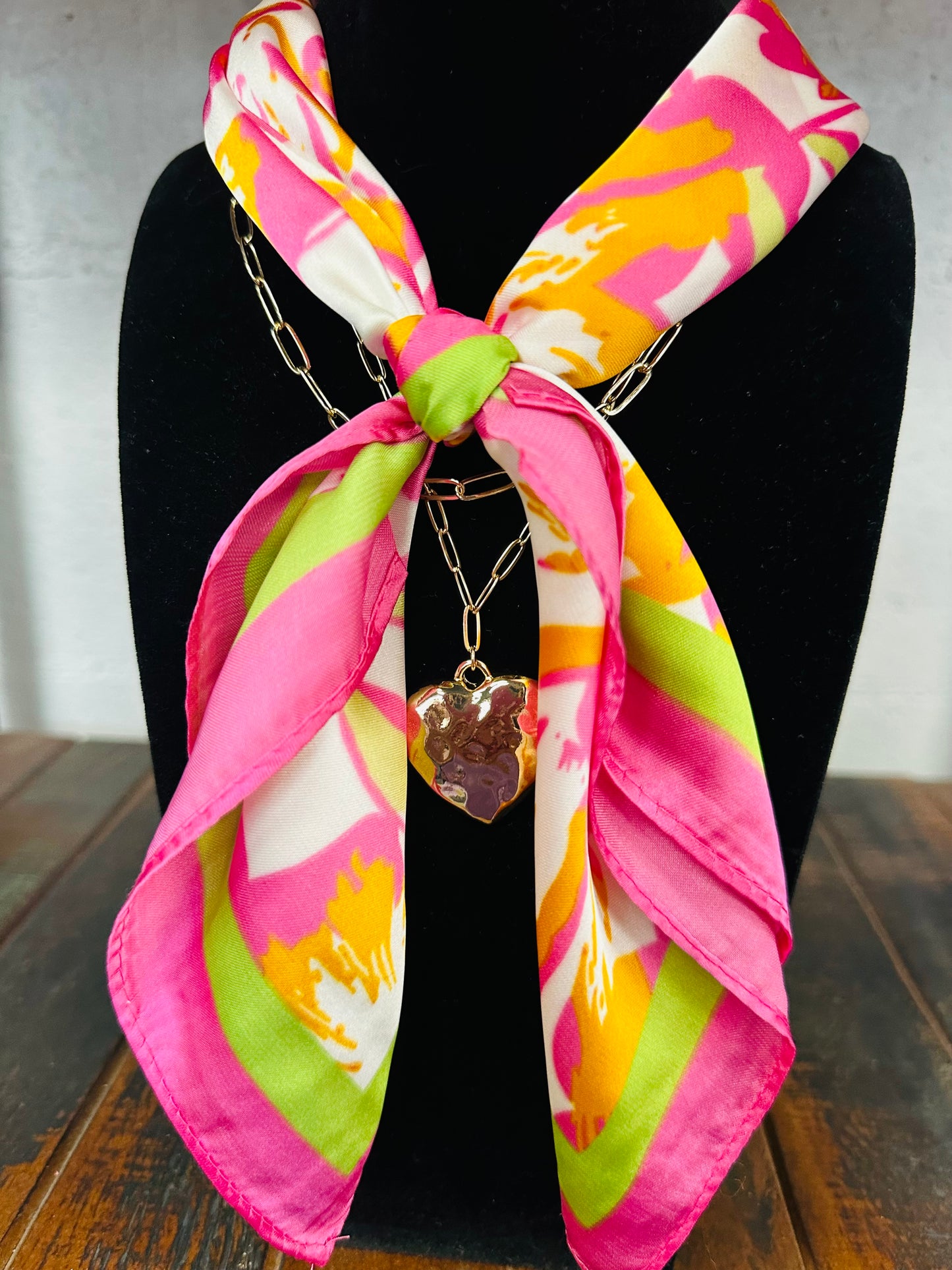 Pink + Gold Heart Pendant Scarf Necklace