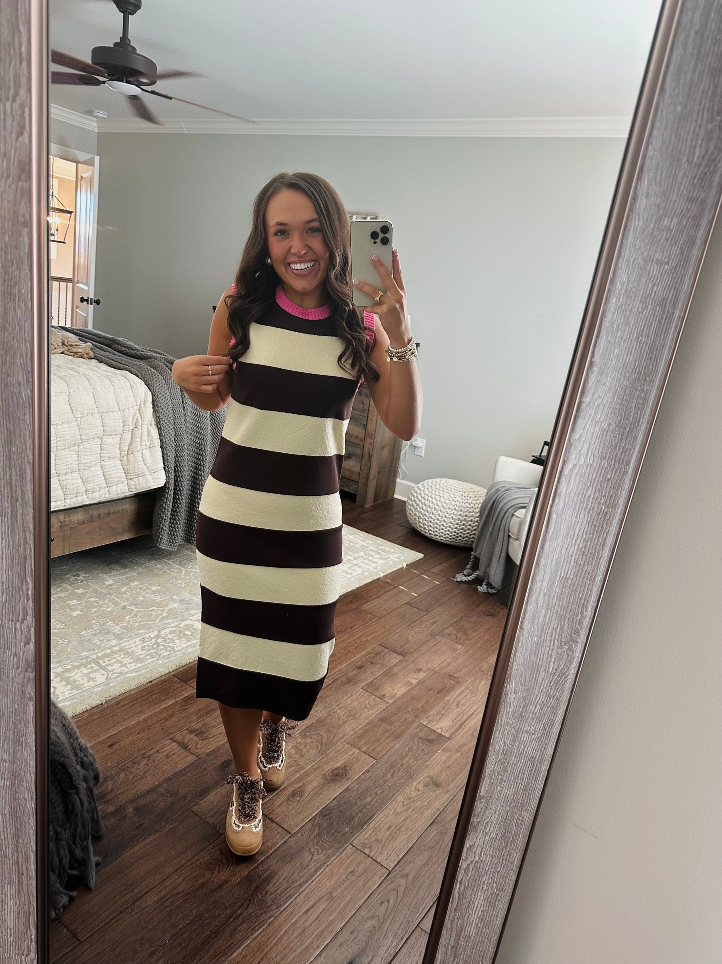 The Everlee Pink + Cream Striped Knit Midi Dress
