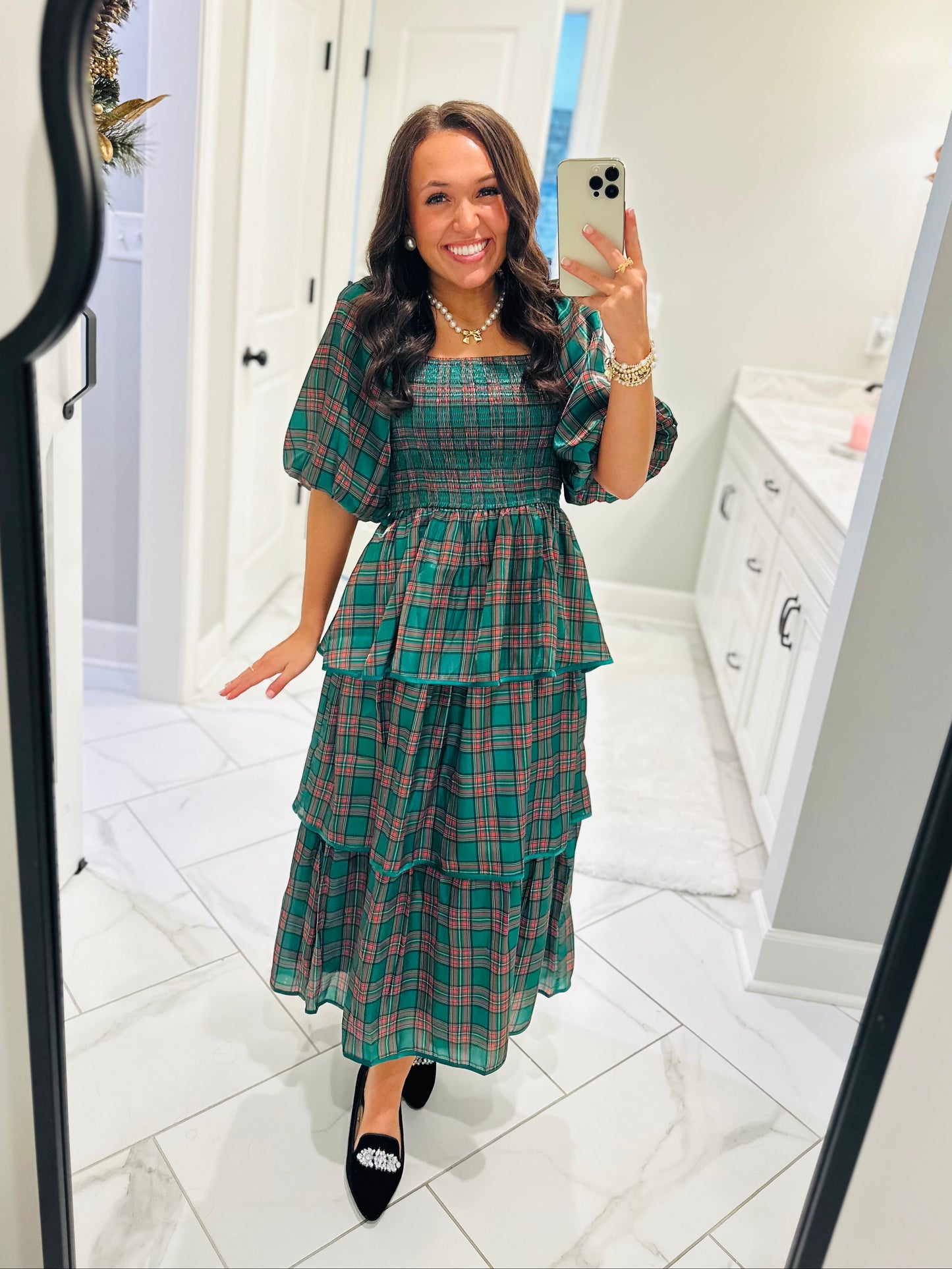 The Holly Green Christmas Plaid Tiered Midi Dress
