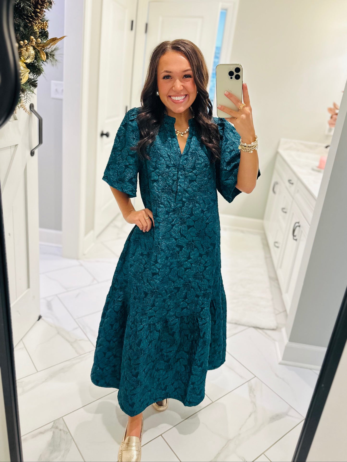 The Ada Emerald Jacquard Floral Midi Dress