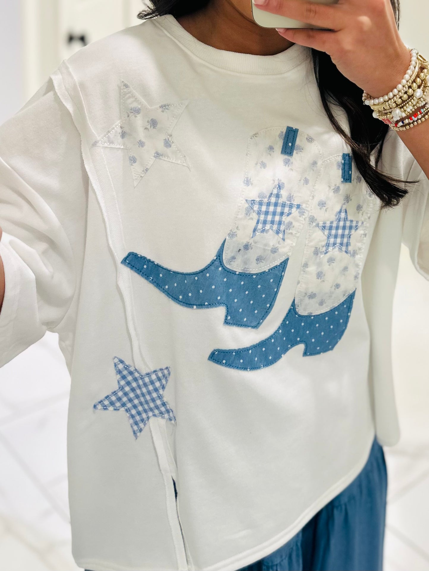 The Blaire Blue Cowboy Boot Star Patchwork Tee