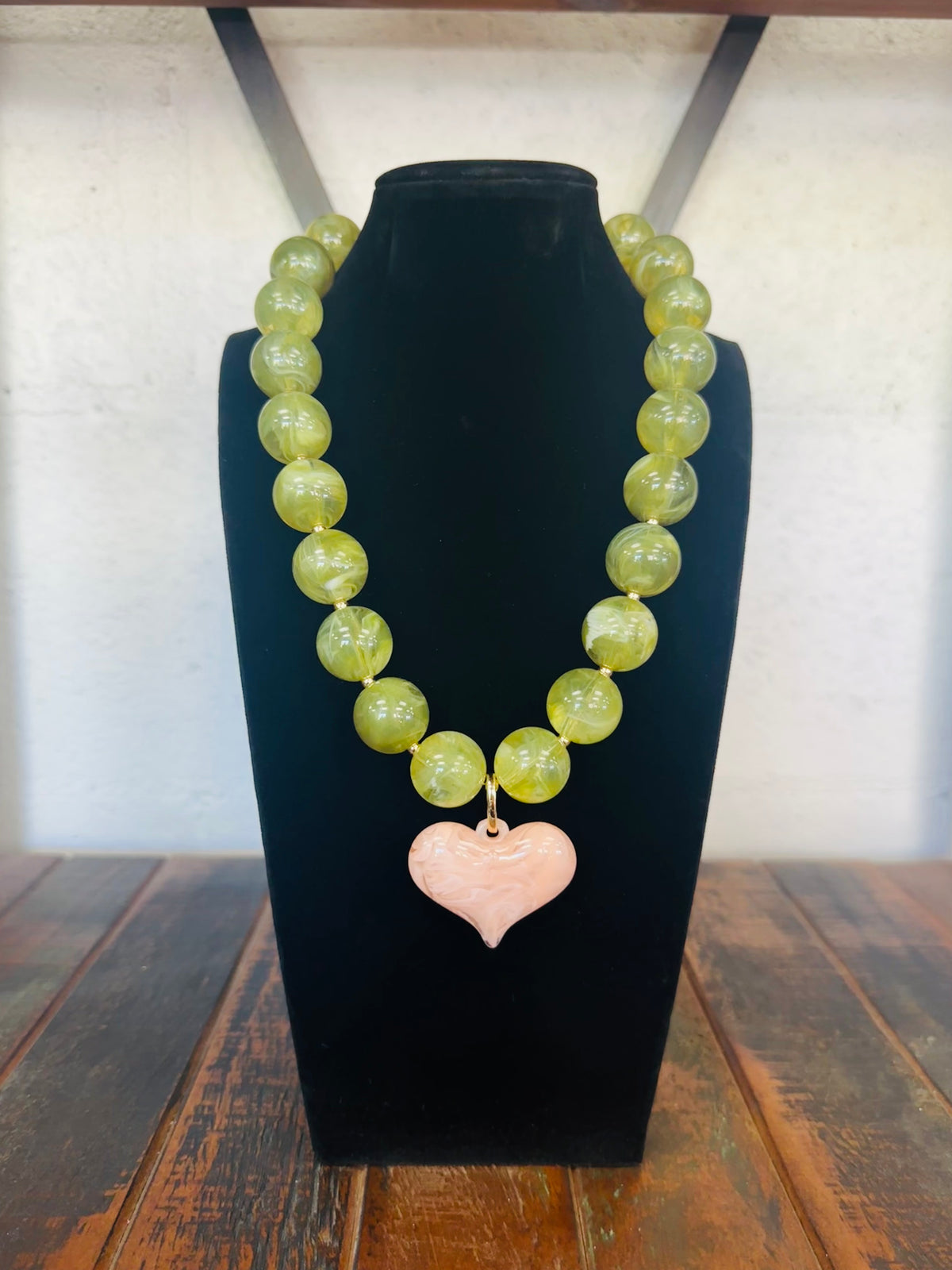 Olive Green + Pink Puffy Heart Marble Necklace