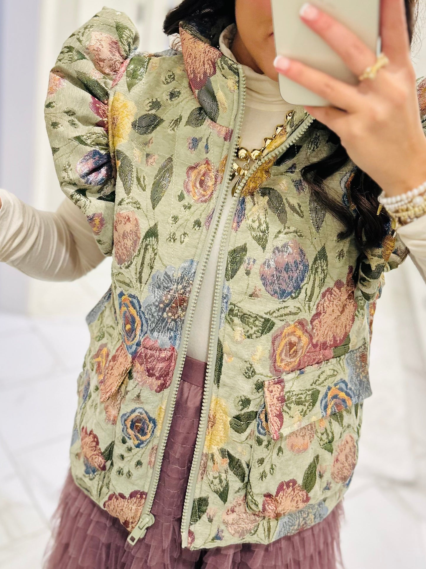 The Everlee Olive Green Floral Metallic Quilted Vest