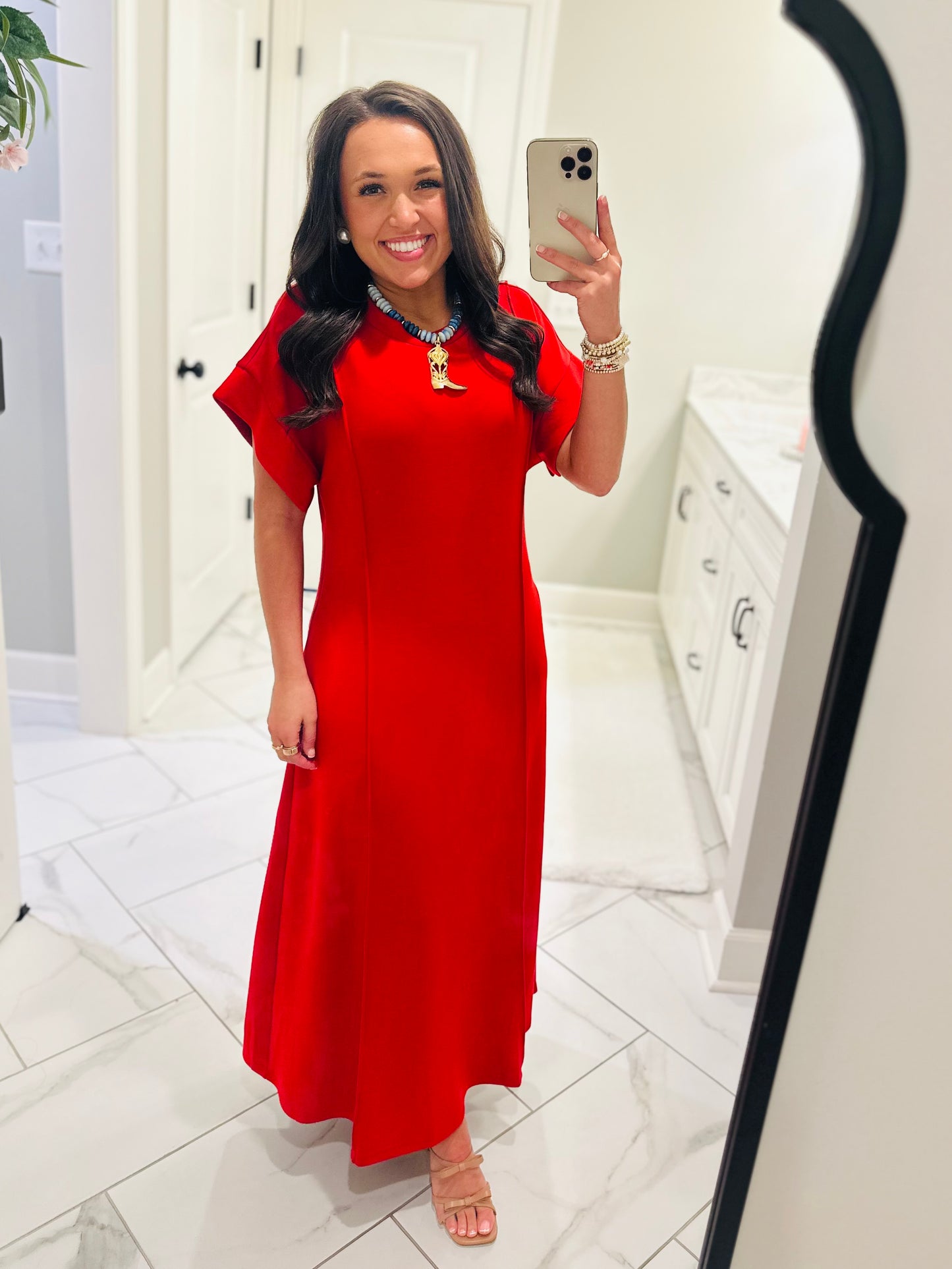 The Jess Red Knit Midi Dress