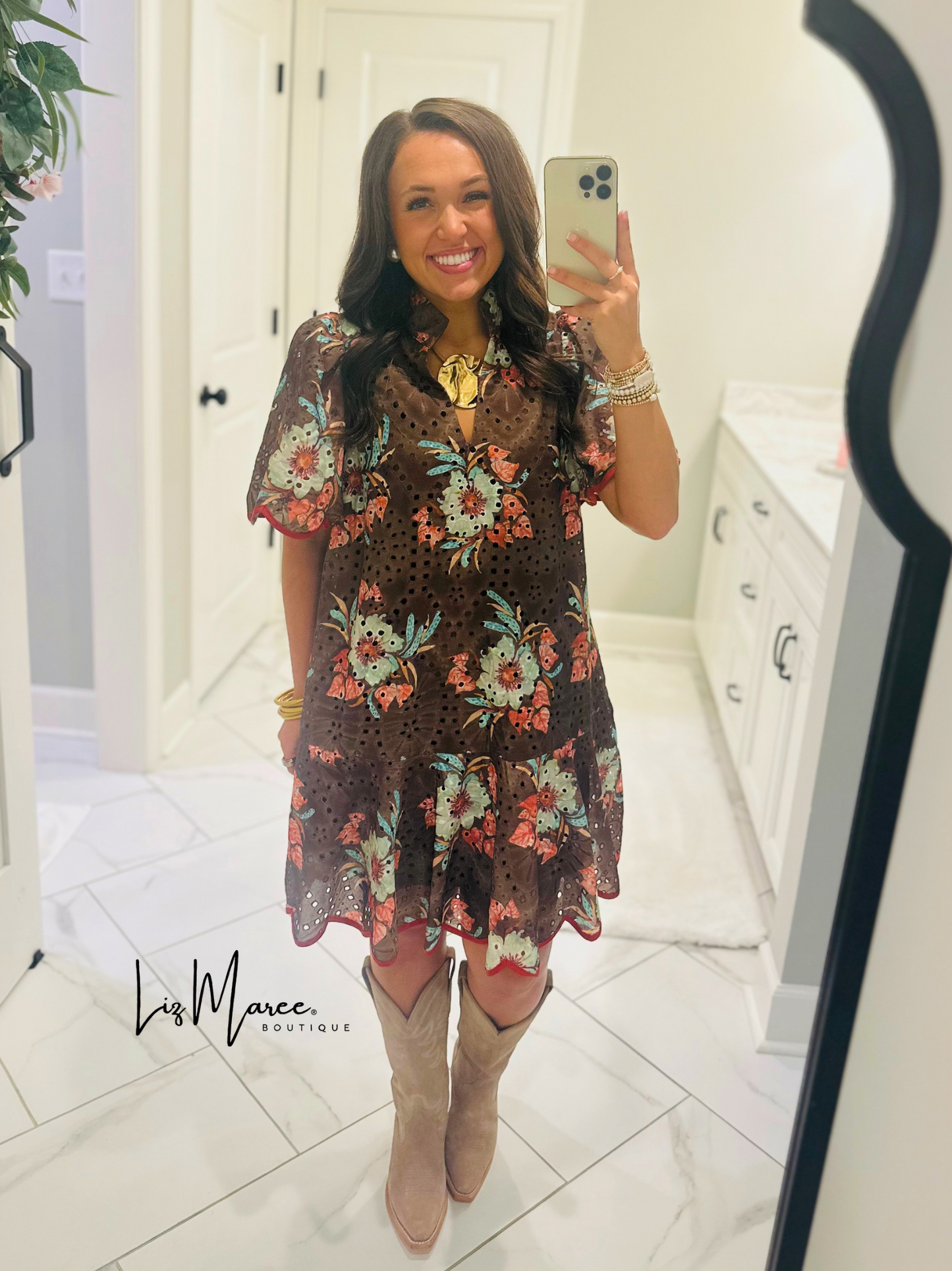 The Brinley Brown Floral Eyelet Scallop Dress