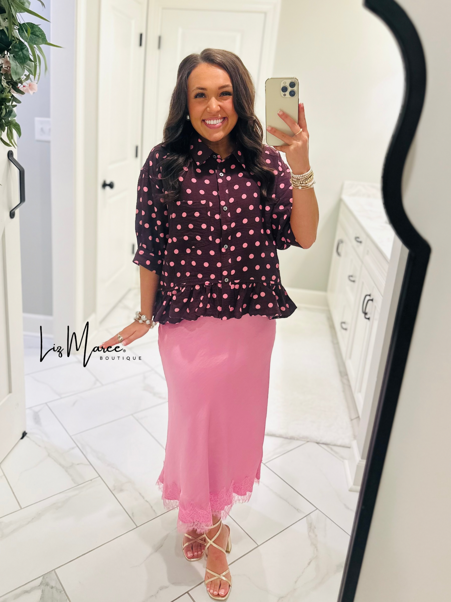 The Hanna Pink + Wine Polka Dot Top