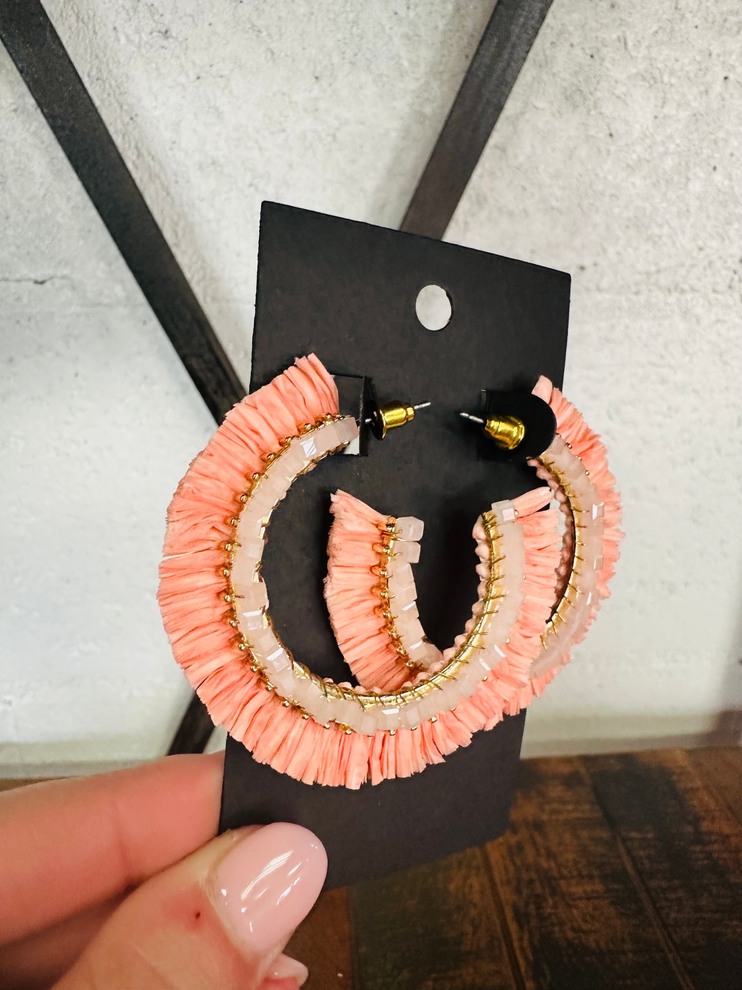 Coral Beaded Raffia Hoop Earrings