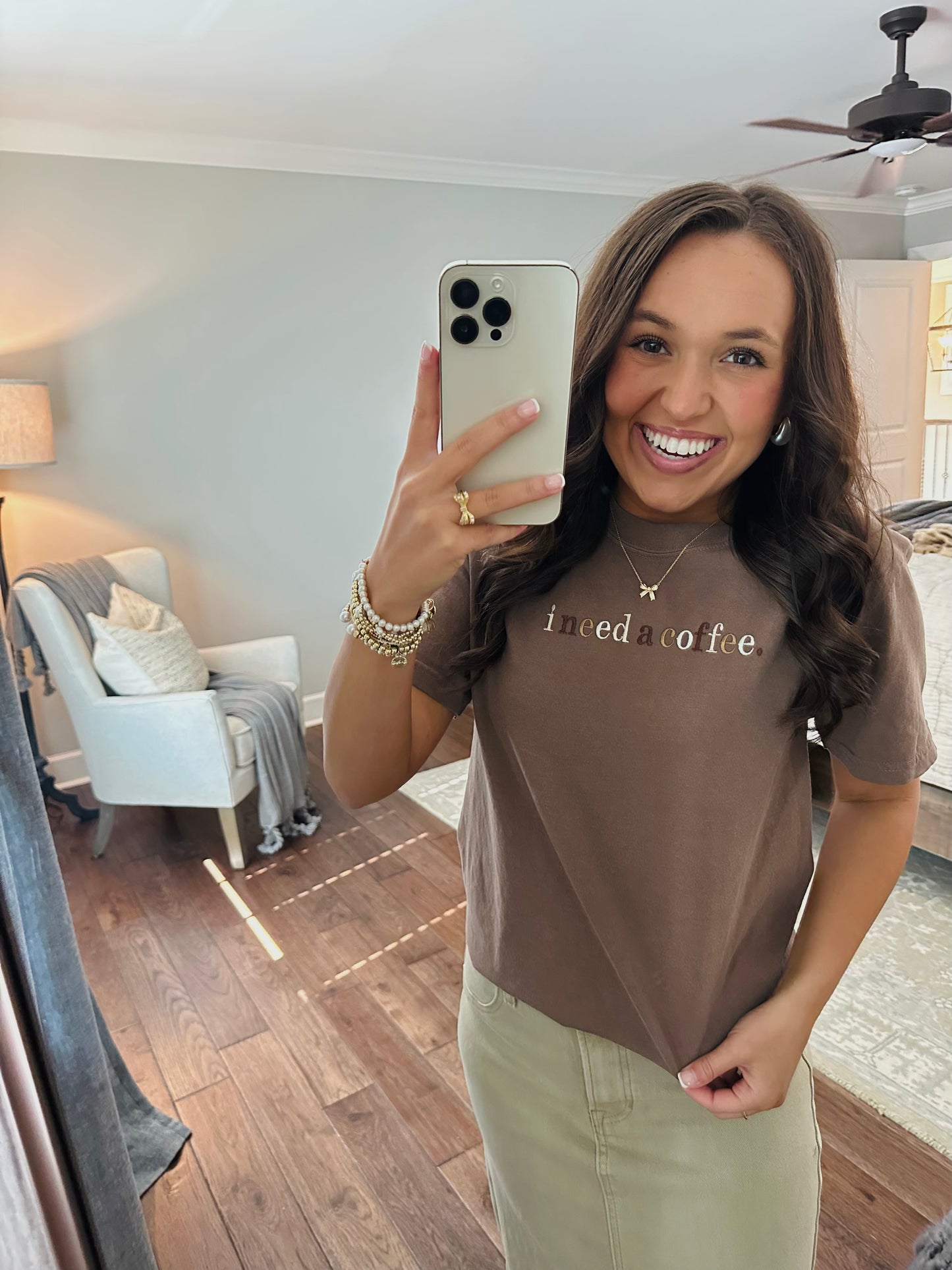 I Need A Coffee Espresso Brown Embroidered Tee