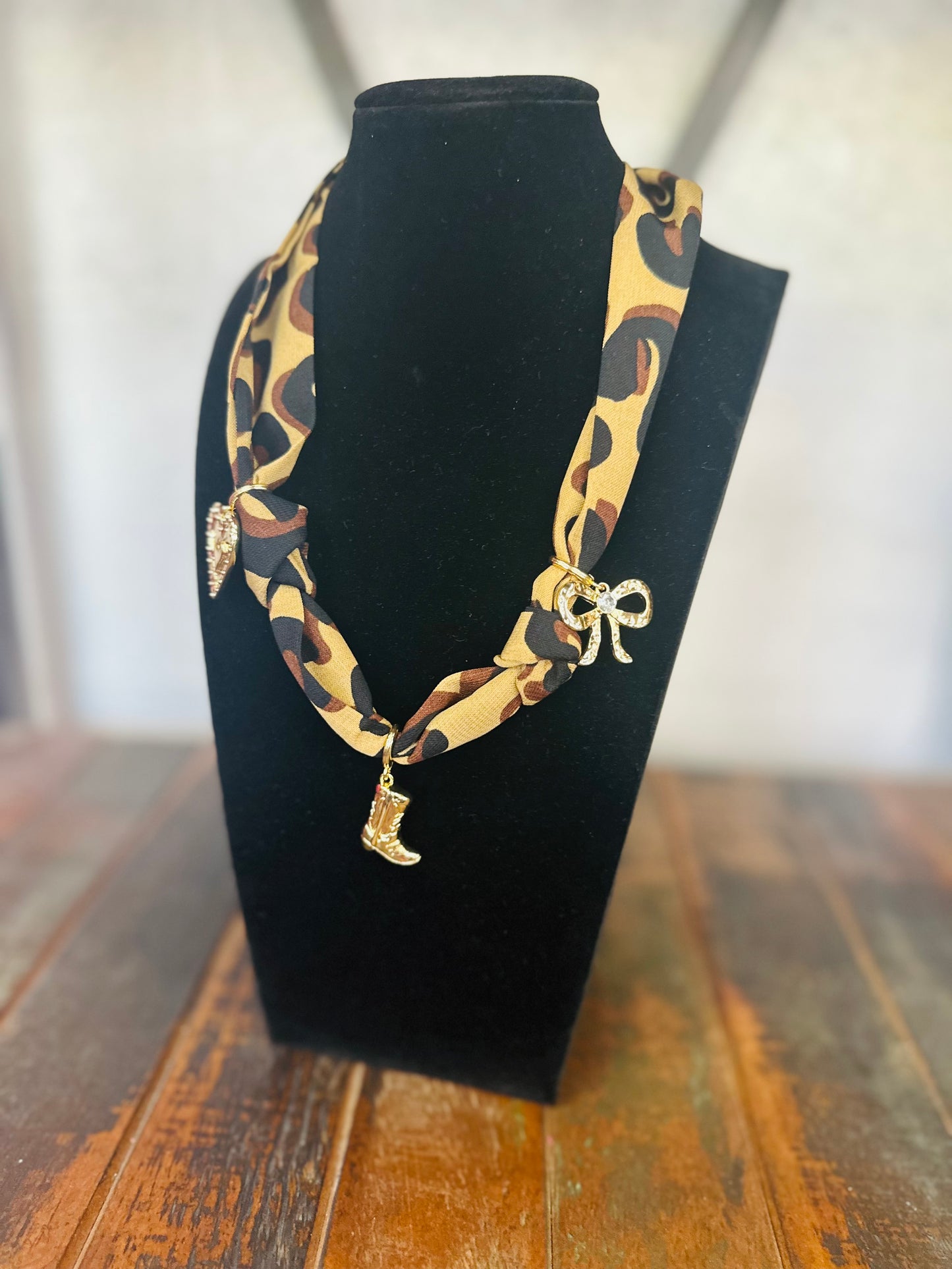 Leopard Silk Scarf + Charm Pendant Necklace