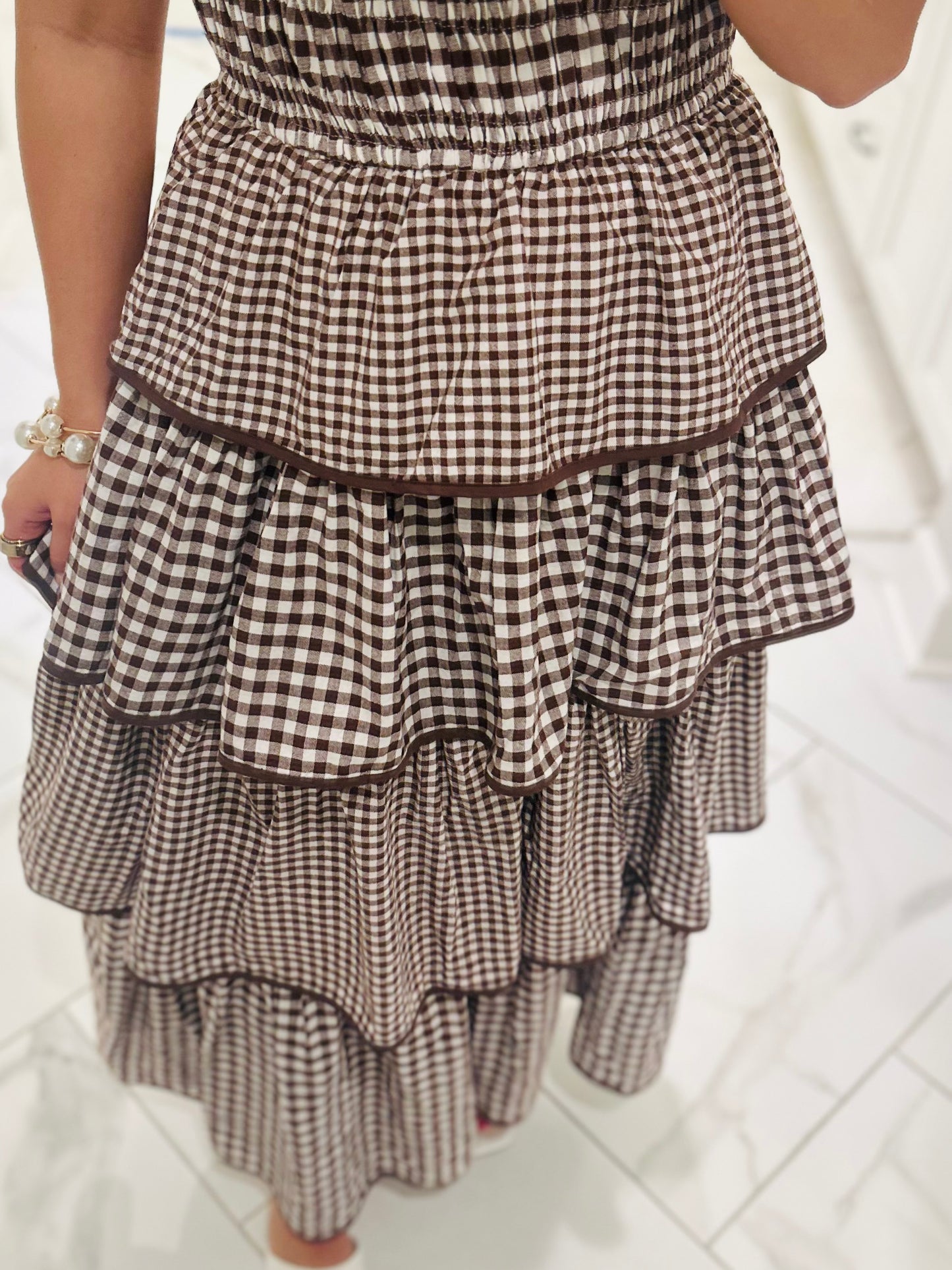 The Kacie Brown Gingham Tiered Ruffle Midi Dress