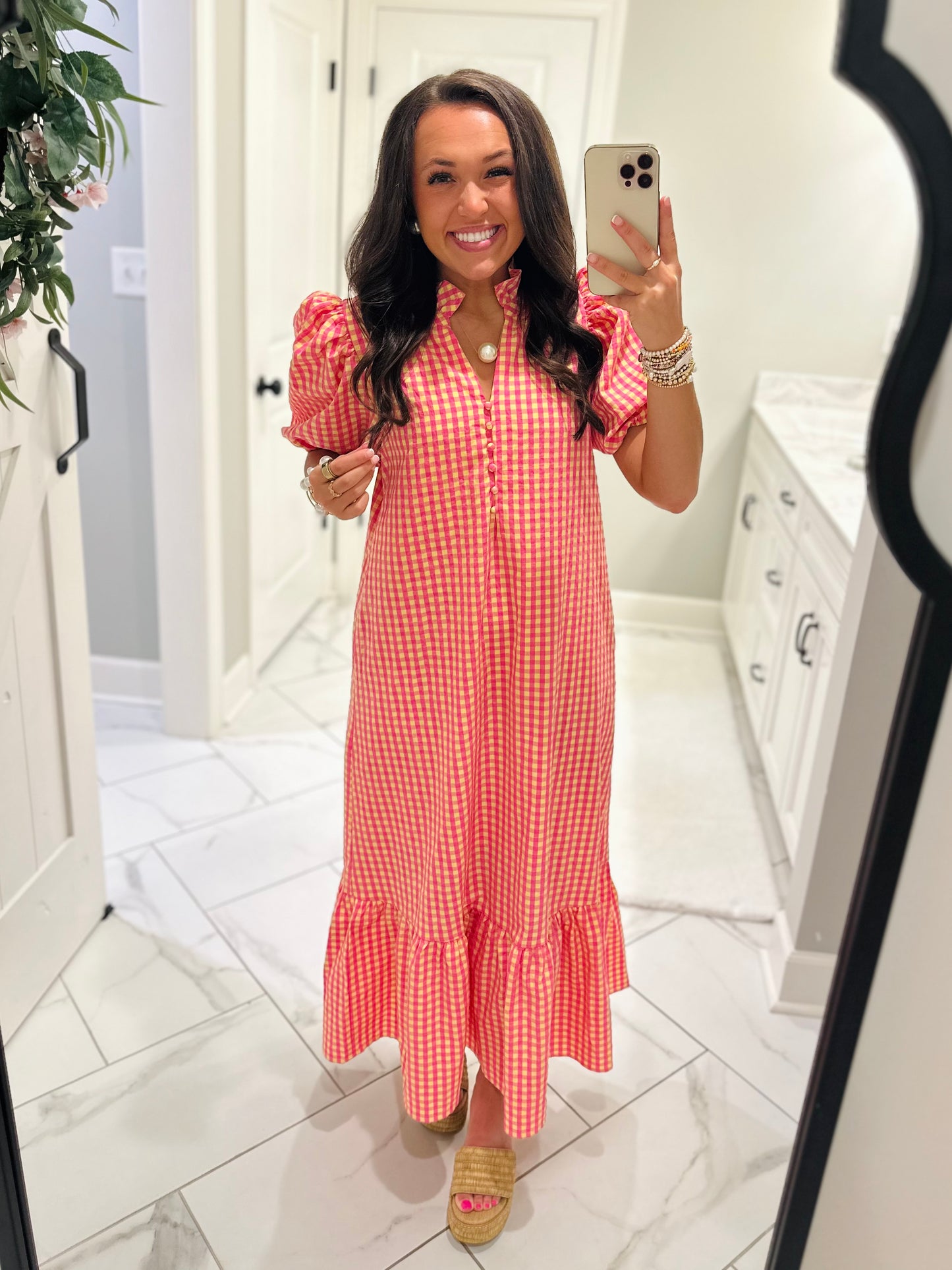 The Emilee Pink + Yellow Gingham Midi Dress