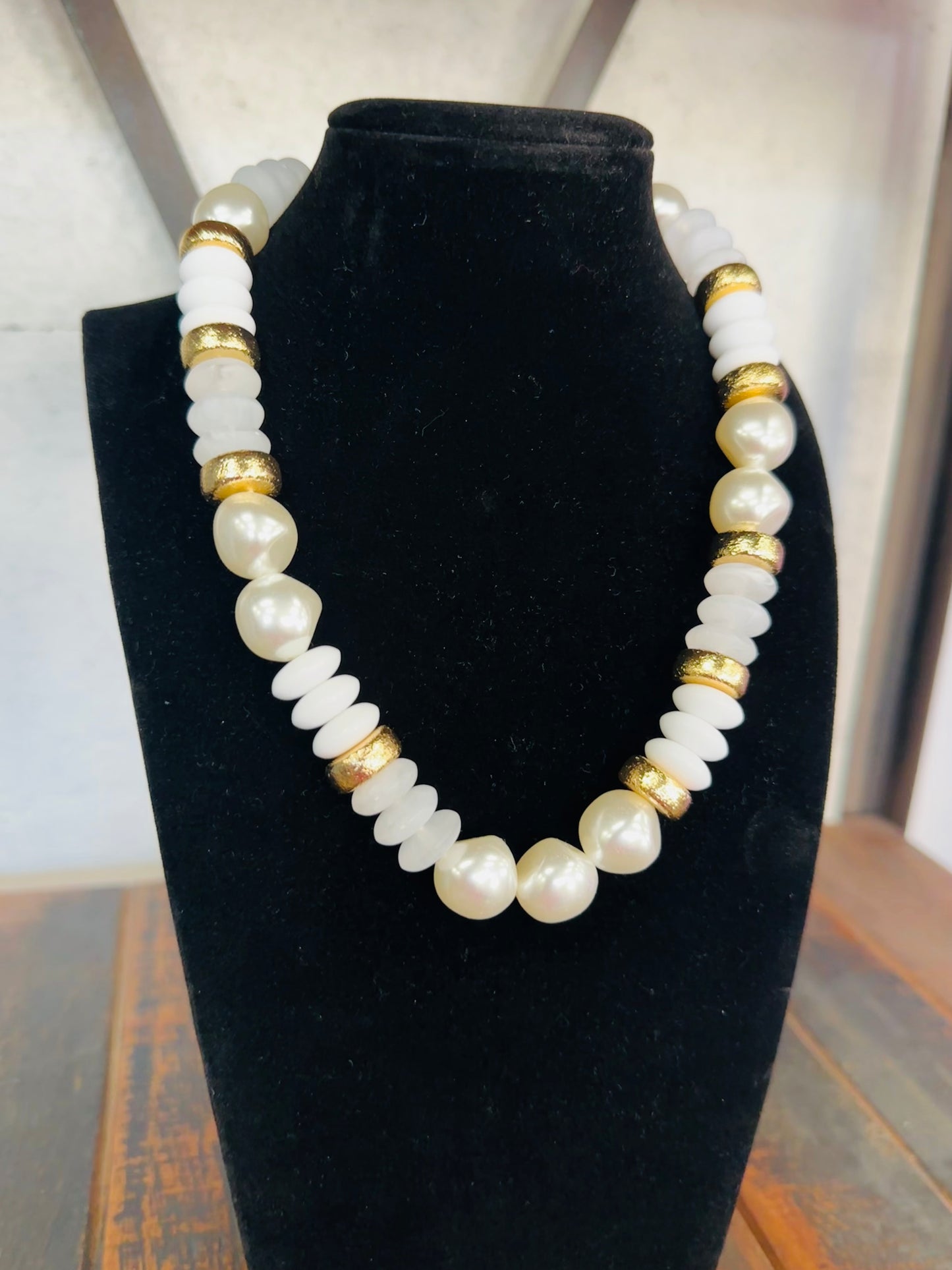 White + Gold Pearl Bead Necklace