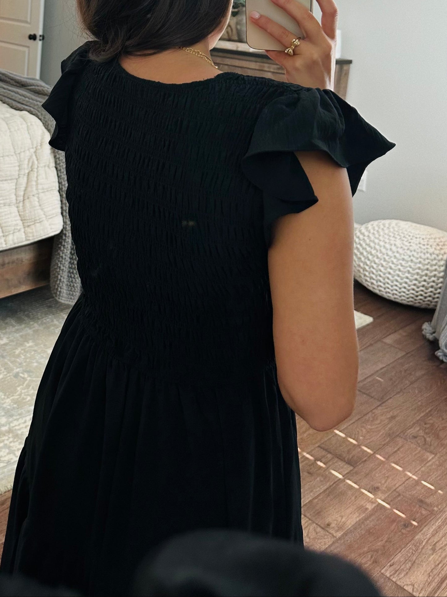 The Maple Black Flutter Sleeve Smocked Midi Dress