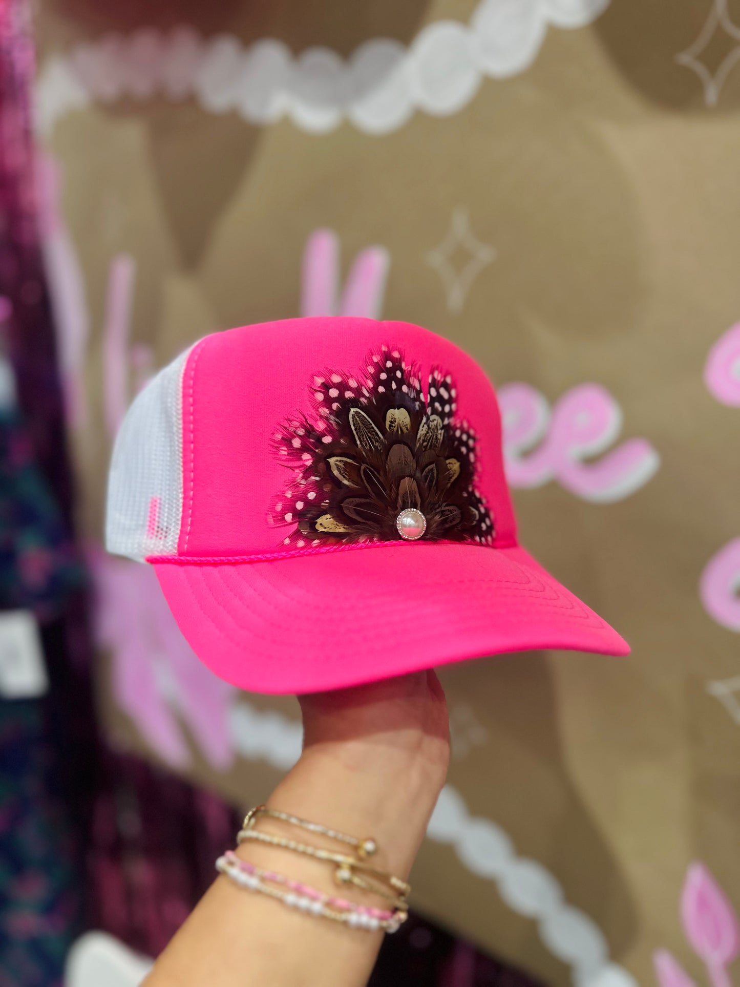 Neon Pink Feather + Pearl Trucker Hat