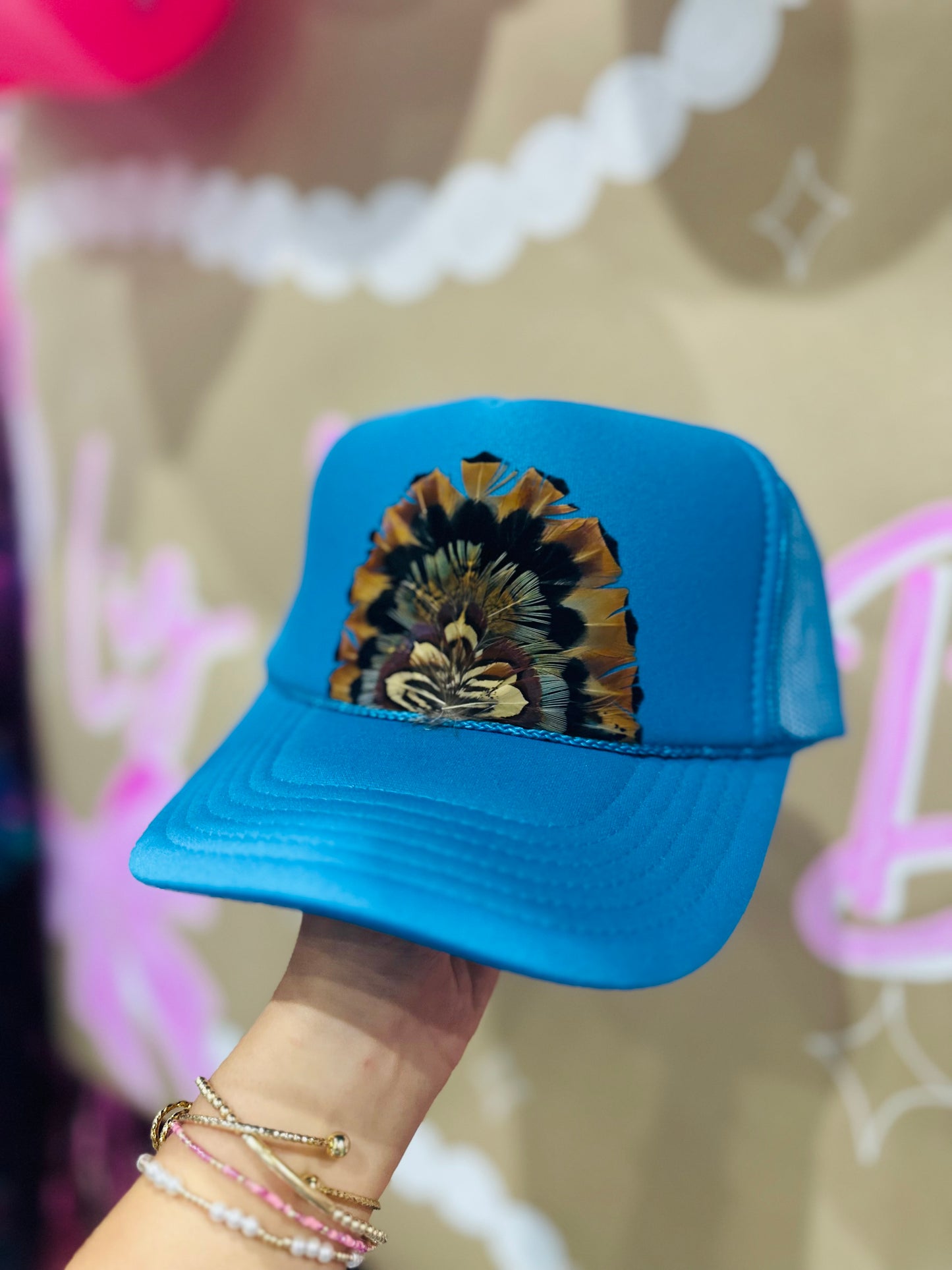 Aqua Blue Feather Trucker Hat