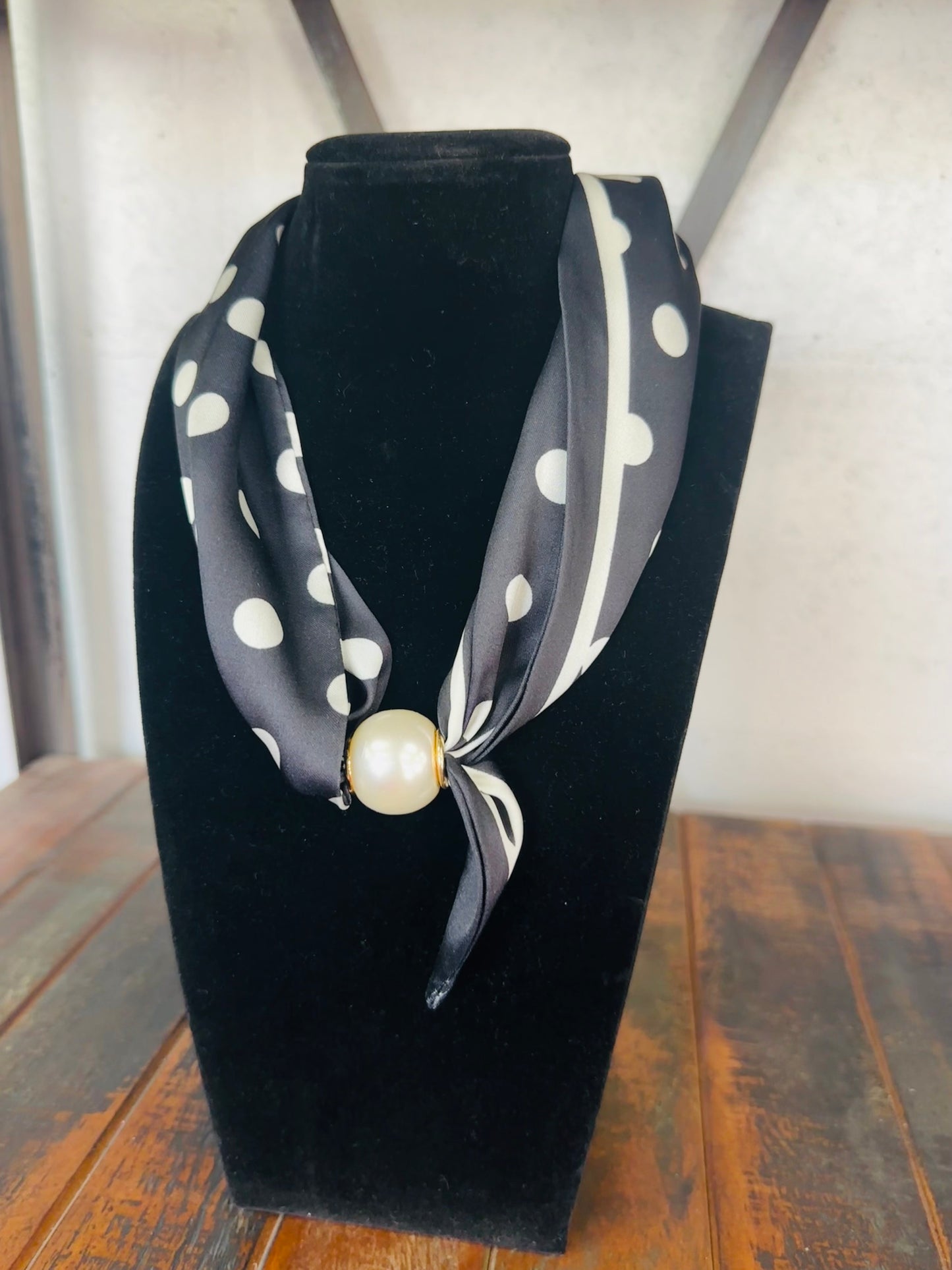 Black + White Large Polkadot Pearl Scarf Necklace