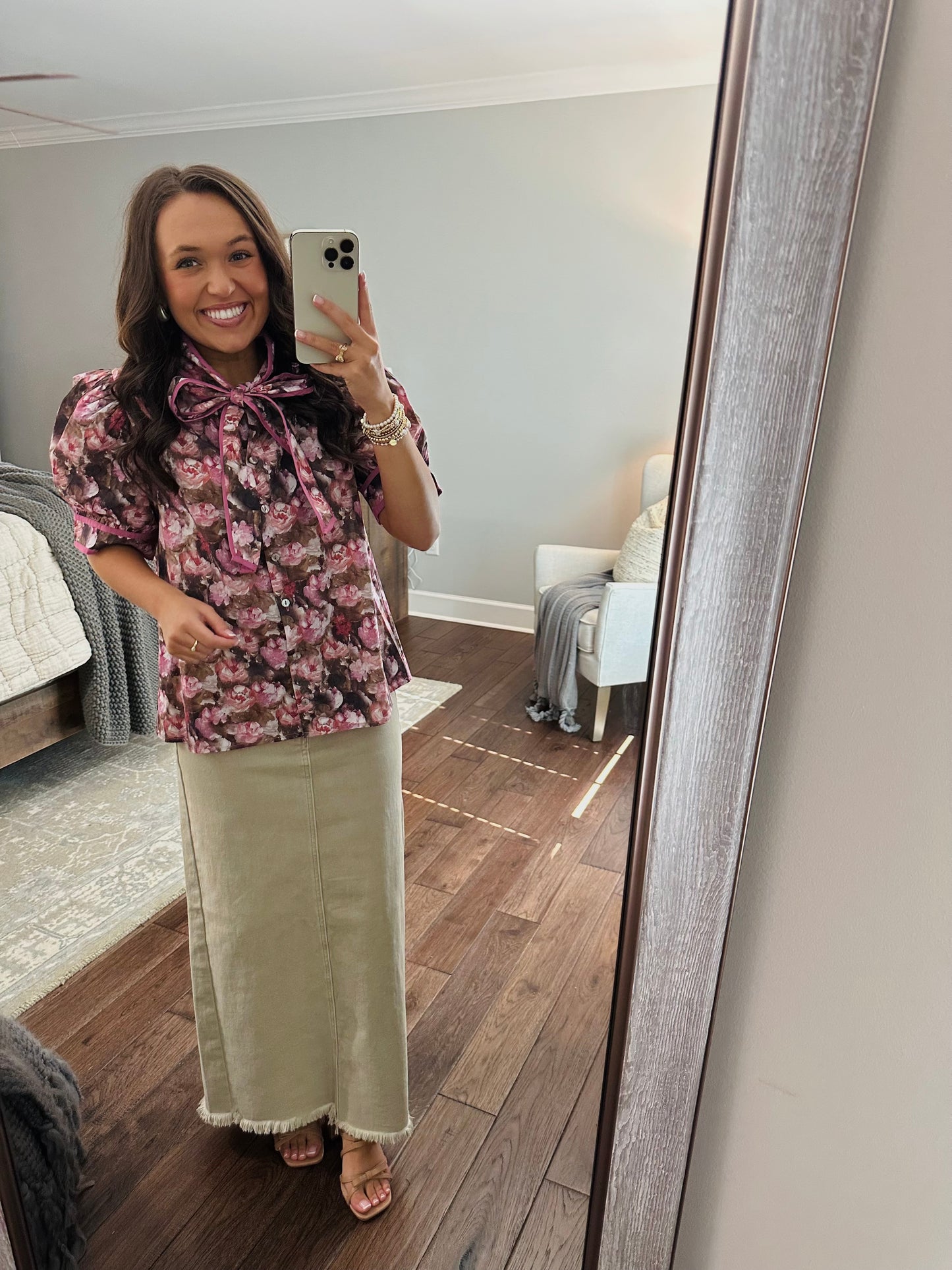 The Maggie Pink + Brown Floral Bow Top