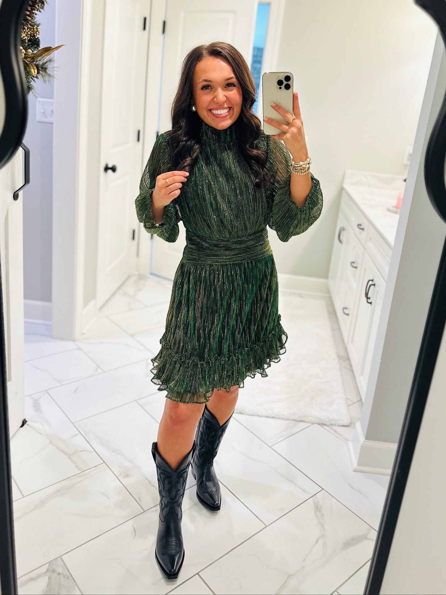 The Dasher Emerald Green Shiny Ruffle Dress