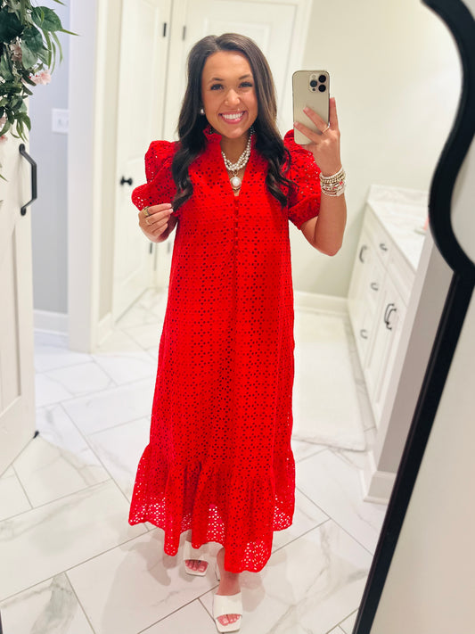 The Liz Red Eyelet Midi Dress