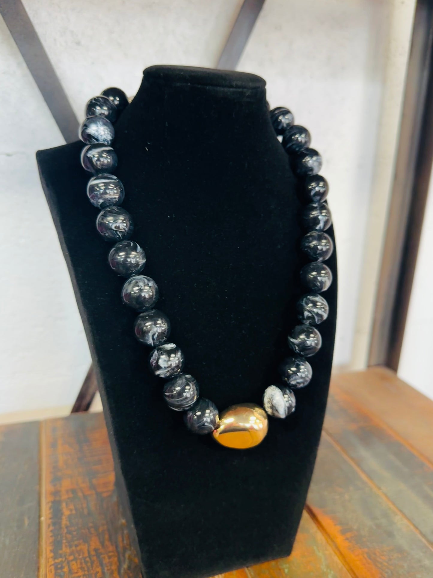 Black Marble Beaded Necklace